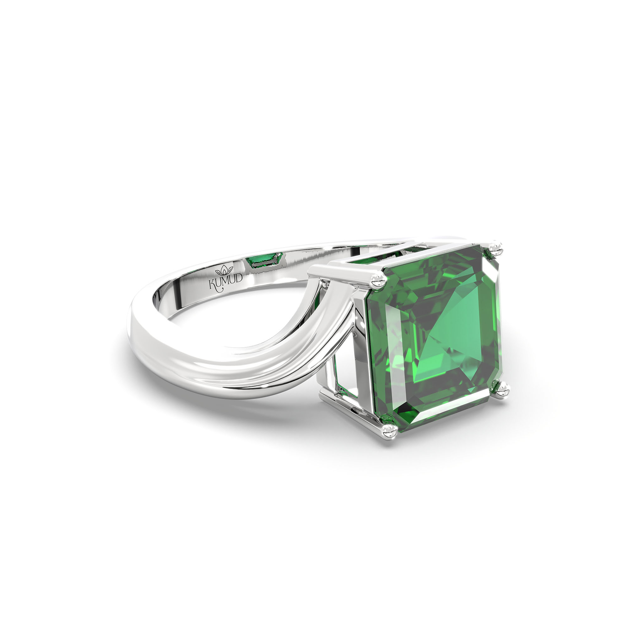 Emerald (Panna) Ring in 18K White Gold – Cushion 8 mm, Prong Setting, 5 g (Design K15-10) thumbnail