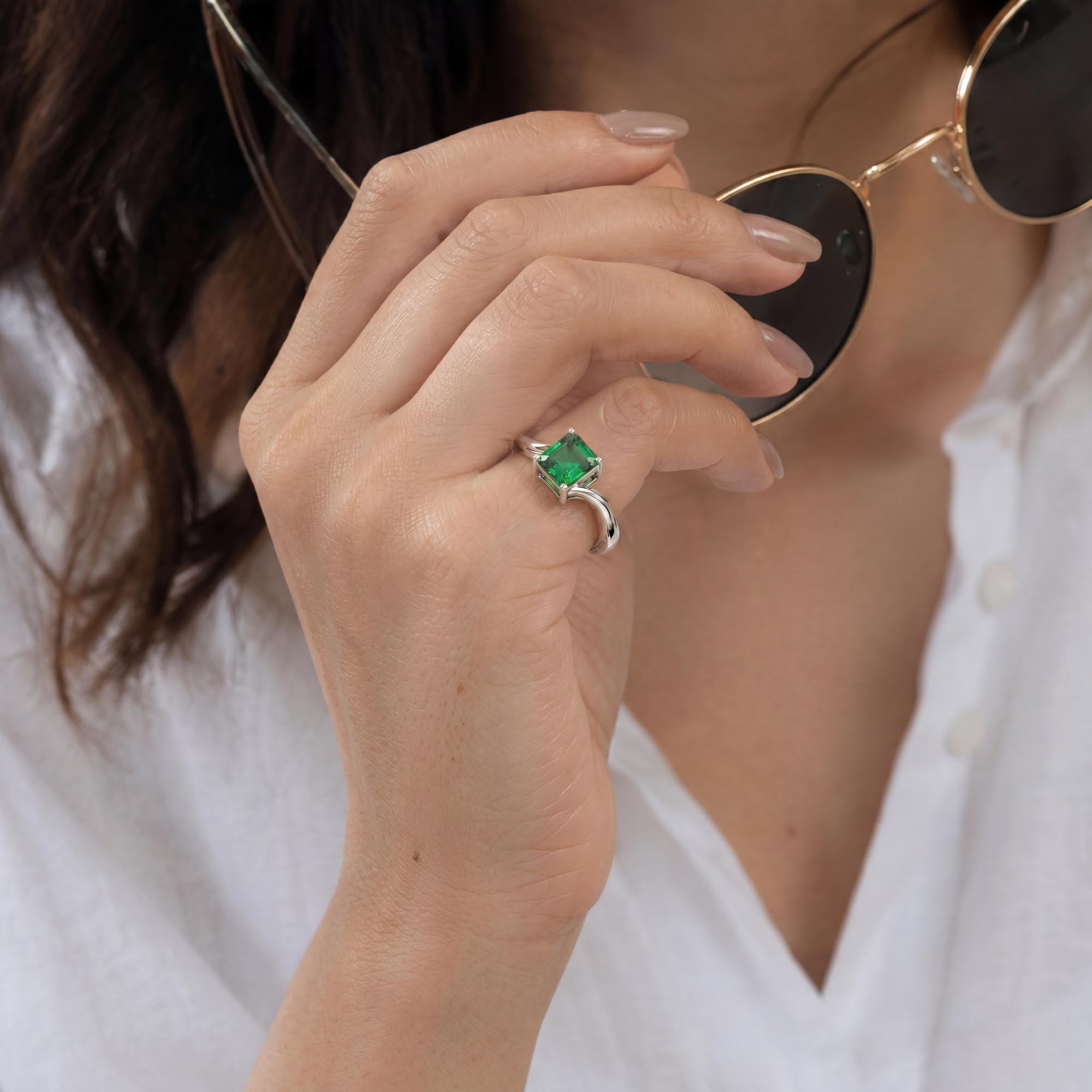 Emerald (Panna) Ring in 18K White Gold – Cushion 8 mm, Prong Setting, 5 g (Design K15-10) thumbnail