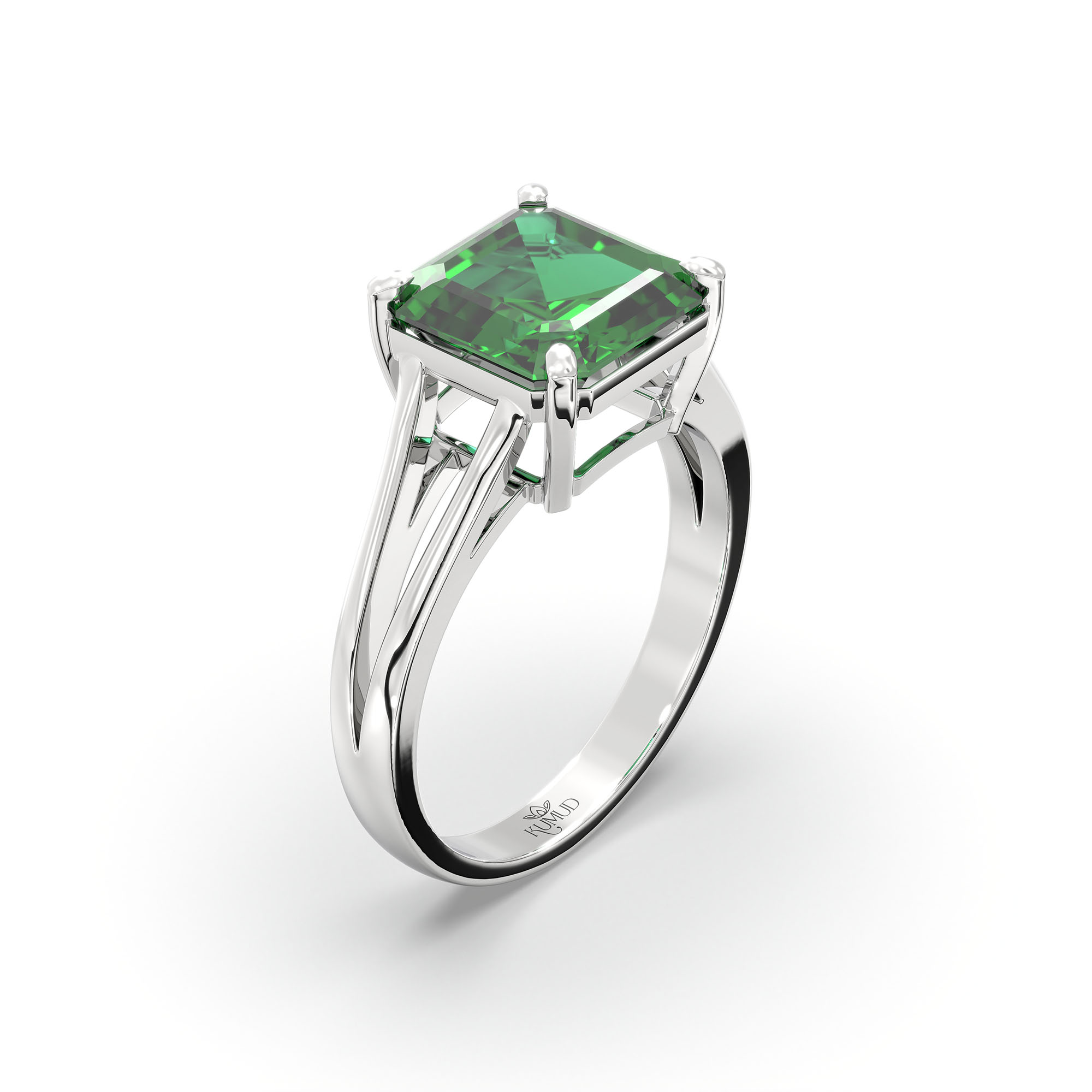 Emerald (Panna) Ring in 18K White Gold – Cushion 8 mm, Prong Setting, 4 g (Design K15-12) thumbnail