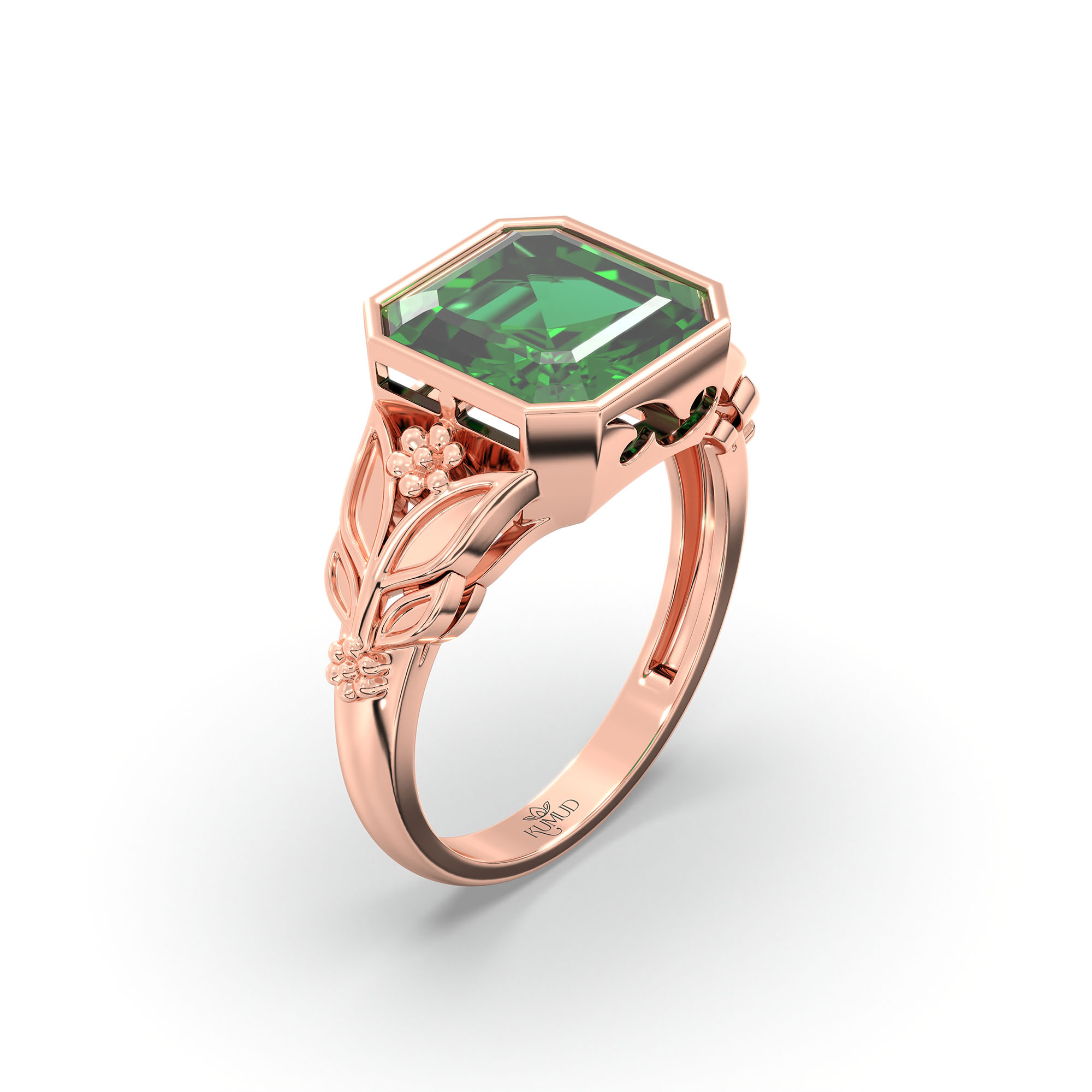 Emerald (Panna) Ring for Women in 18K Rose Gold – Cushion 8 mm, Bezel Setting, 6 g (Design K15-13) thumbnail