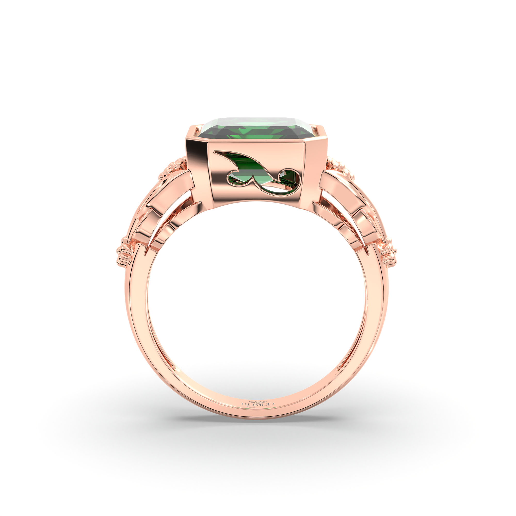 Emerald (Panna) Ring for Women in 18K Rose Gold – Cushion 8 mm, Bezel Setting, 6 g (Design K15-13) thumbnail