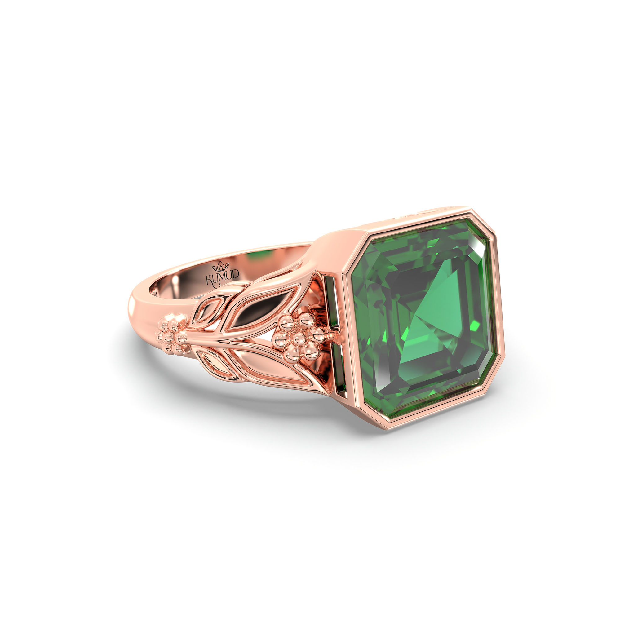 Emerald (Panna) Ring for Women in 18K Rose Gold – Cushion 8 mm, Bezel Setting, 6 g (Design K15-13) thumbnail
