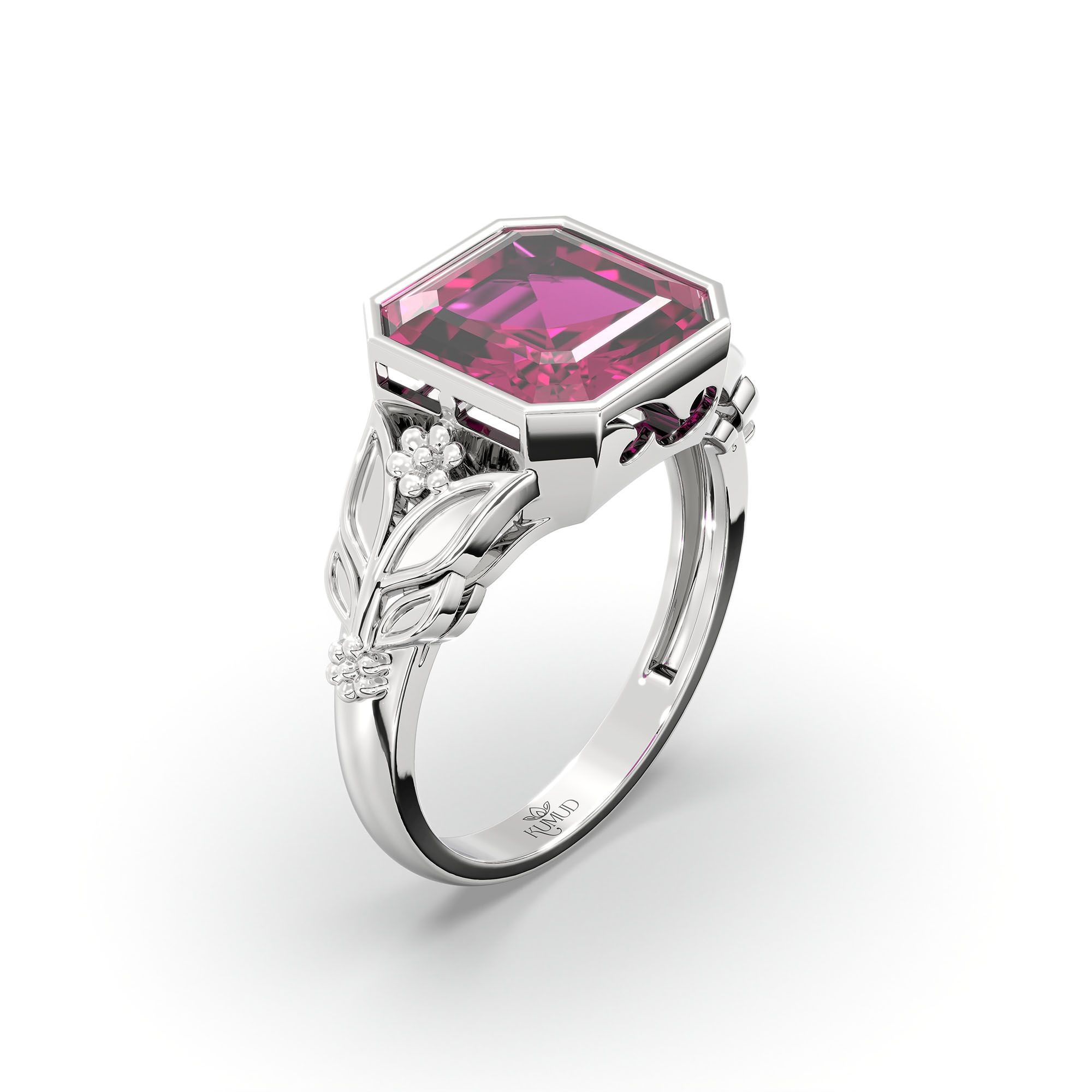 Ruby (Manik) Ring for Women in 18K White Gold – Cushion 8 mm, Bezel Setting, 6 g (Design K15-13) thumbnail