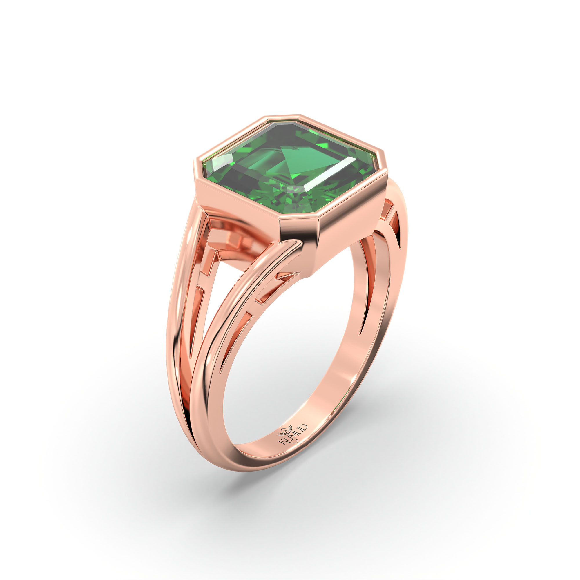 Emerald (Panna) Ring in 18K Rose Gold – Cushion 8 mm, Bezel Setting, 6 g (Design K15-14) thumbnail