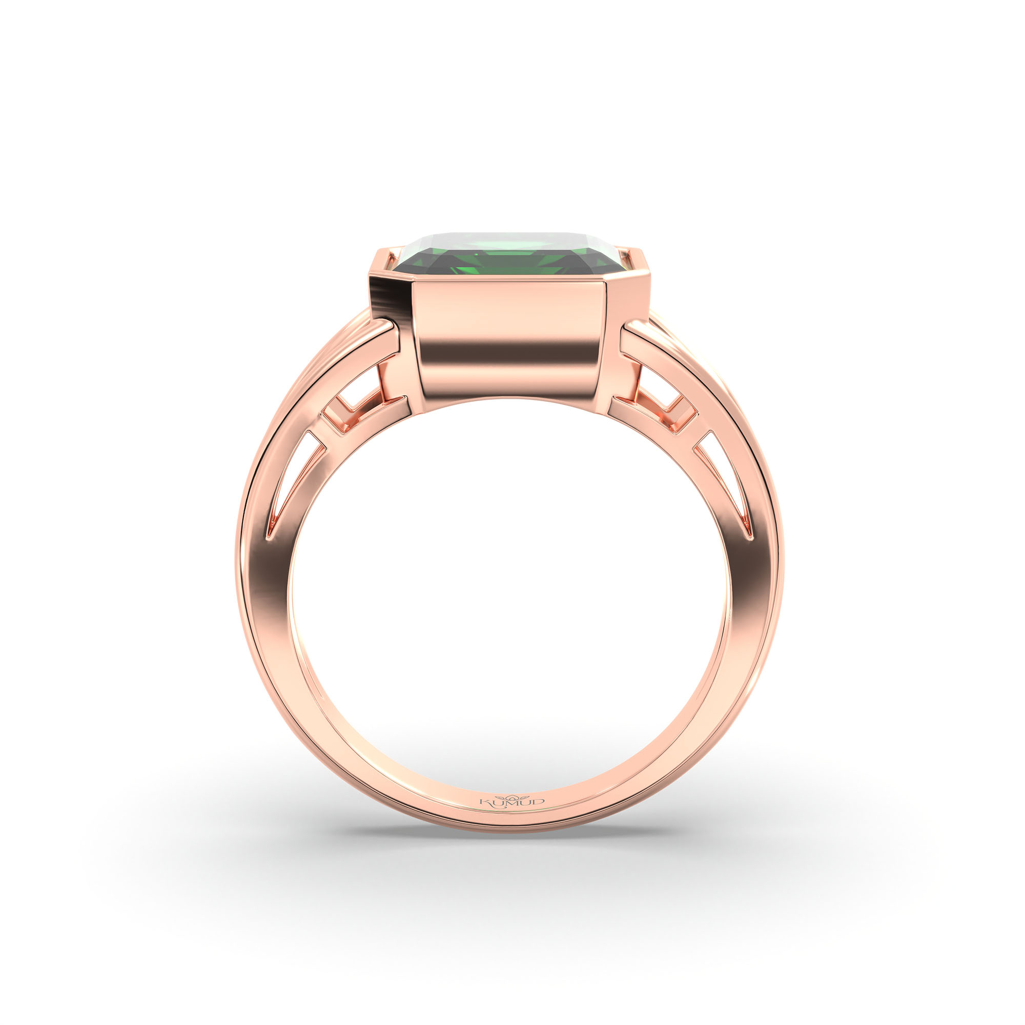 Emerald (Panna) Ring in 18K Rose Gold – Cushion 8 mm, Bezel Setting, 6 g (Design K15-14) thumbnail