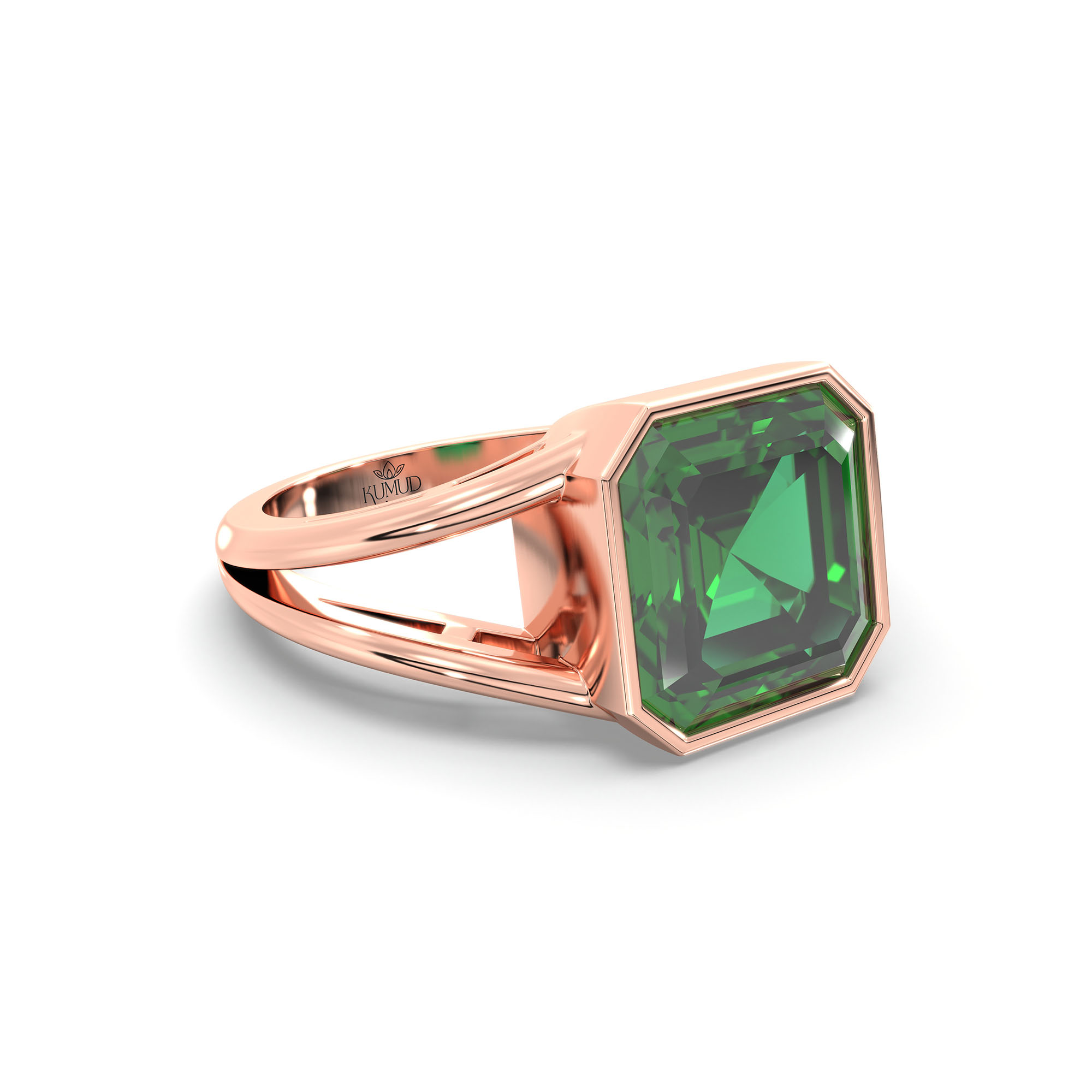 Emerald (Panna) Ring in 18K Rose Gold – Cushion 8 mm, Bezel Setting, 6 g (Design K15-14) thumbnail