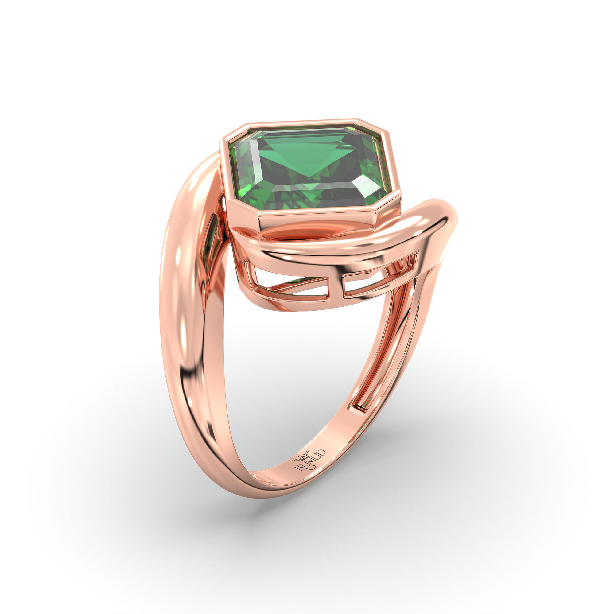 Emerald (Panna) Ring in 18K Rose Gold – Cushion 8 mm, Bezel Setting, 6 g (Design K15-15) thumbnail