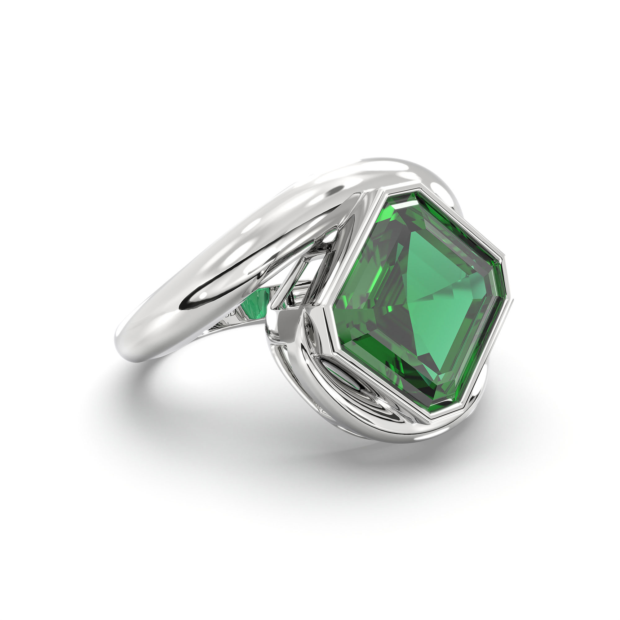 Emerald (Panna) Ring in 18K White Gold – Cushion 8 mm, Bezel Setting, 6 g (Design K15-15) thumbnail