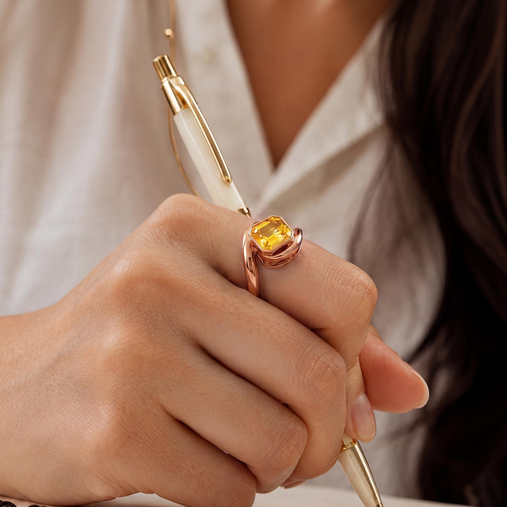Yellow Sapphire (Pukhraj) Ring in 18K Rose Gold – Cushion 8 mm, Bezel Setting, 6 g (Design K15-15) thumbnail