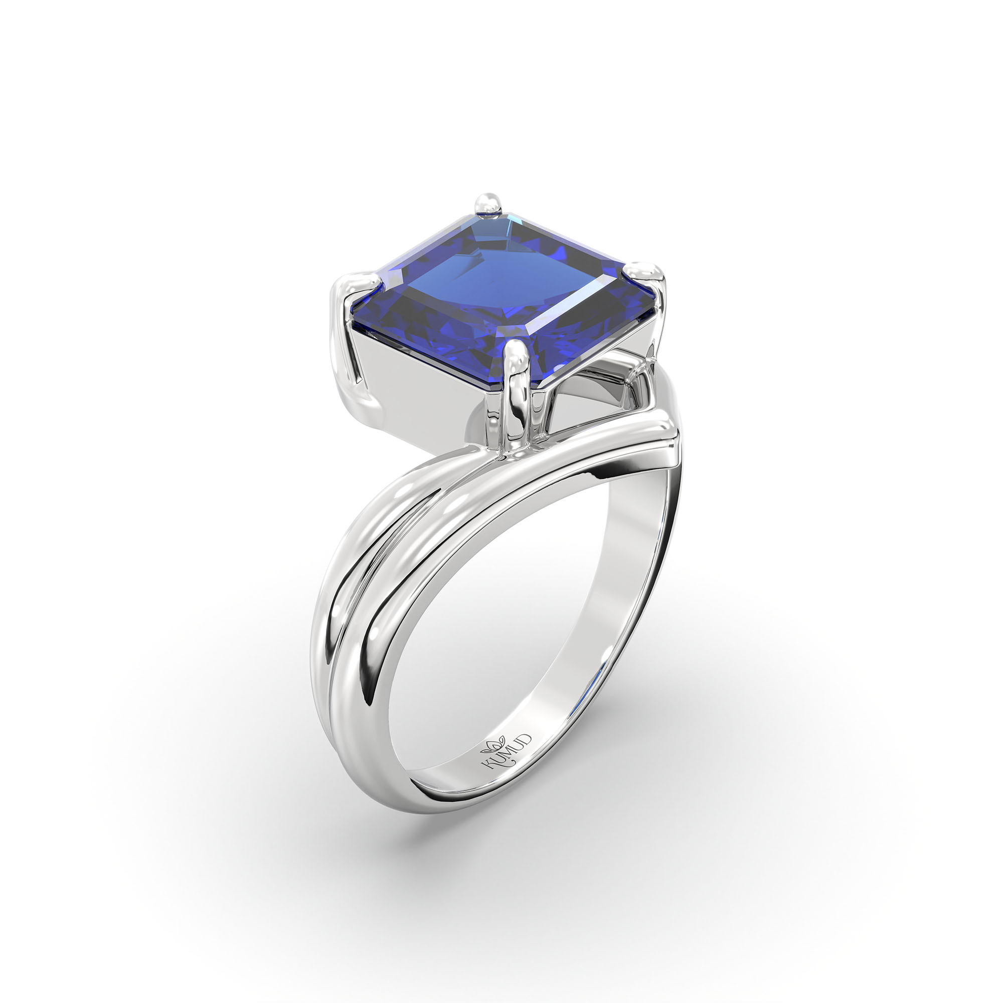 Blue Sapphire (Neelam) Ring in 18K White Gold – Cushion 8 mm, Prong Setting, 7 g (Design K15-16) thumbnail