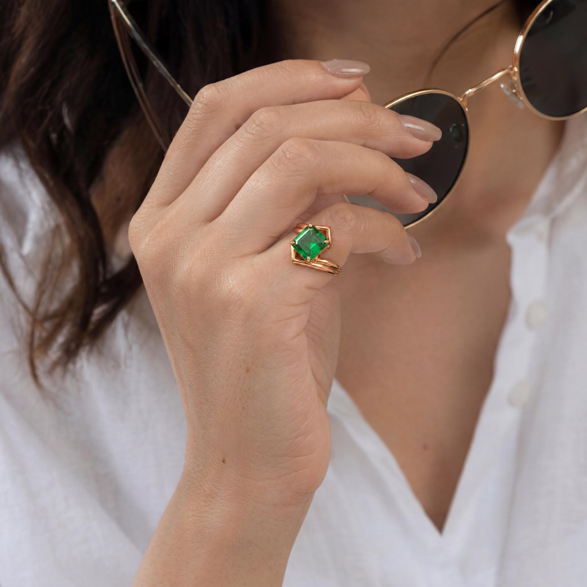 Emerald (Panna) Ring in 18K Rose Gold – Cushion 8 mm, Prong Setting, 7 g (Design K15-16) thumbnail