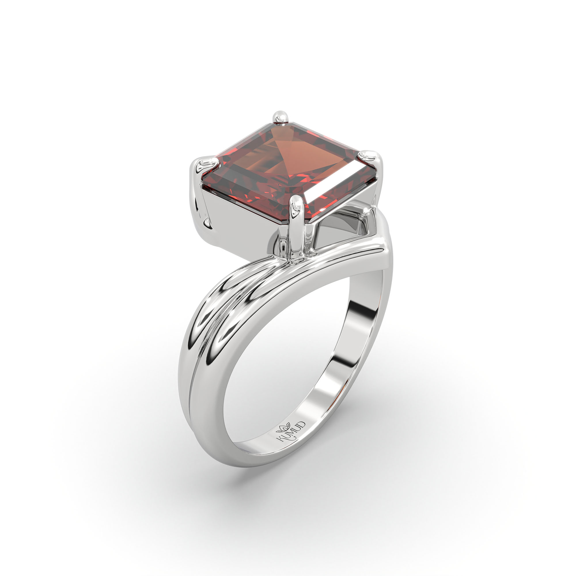 Hessonite (Gomed) Ring in 18K White Gold – Cushion 8 mm, Prong Setting, 7 g (Design K15-16) thumbnail
