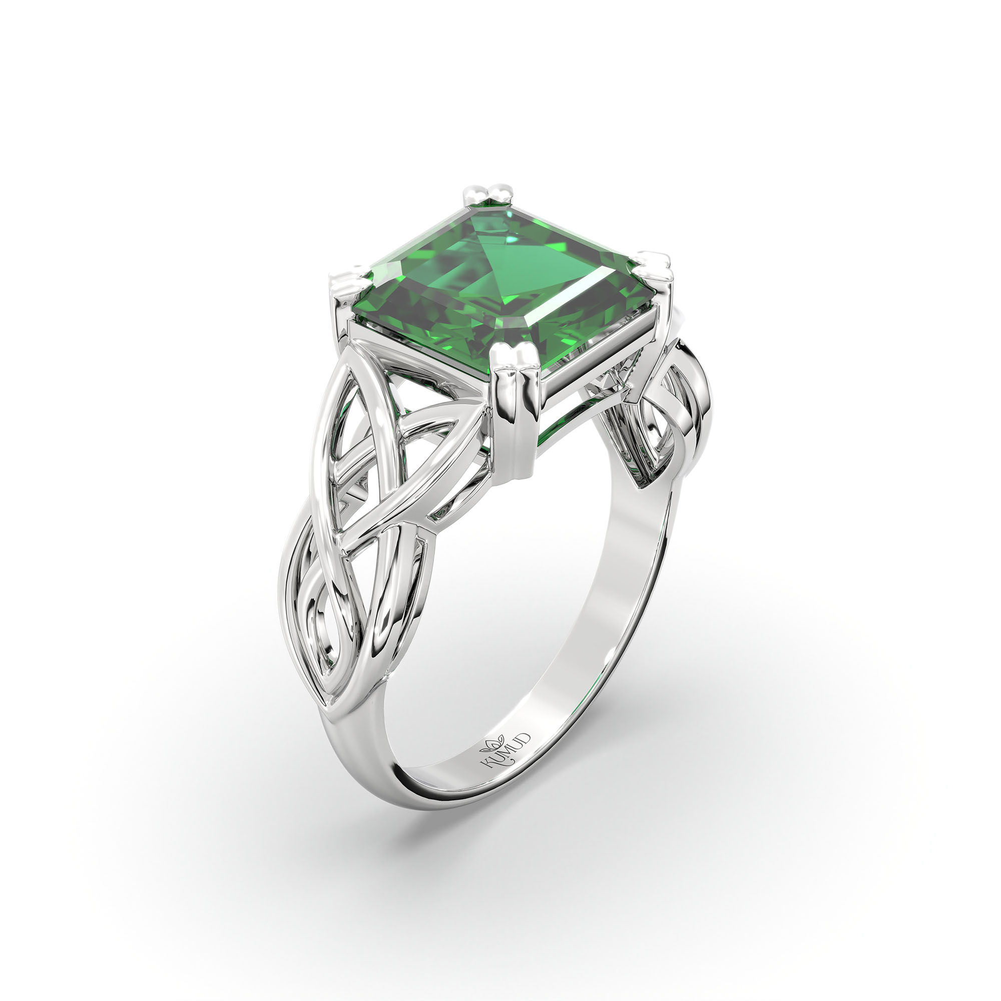 Emerald (Panna) Ring in 18K White Gold – Cushion 8 mm, Prong Setting, 4 g (Design K15-17) thumbnail