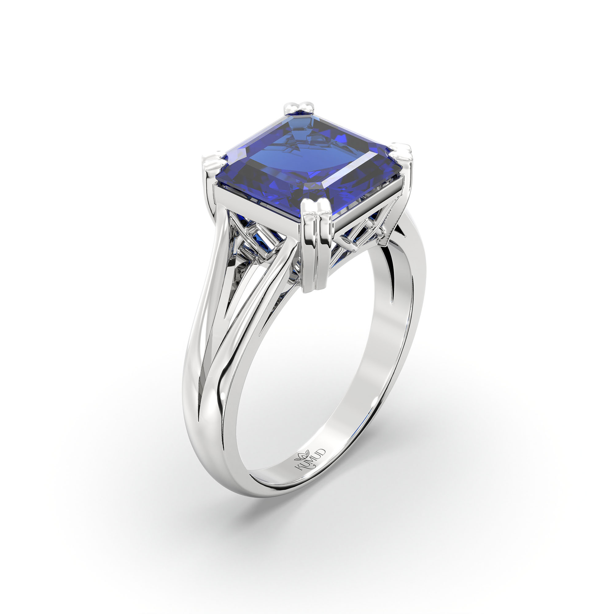 Blue Sapphire (Neelam) Ring in 18K White Gold – Cushion 8 mm, Prong Setting, 5 g (Design K15-18) thumbnail