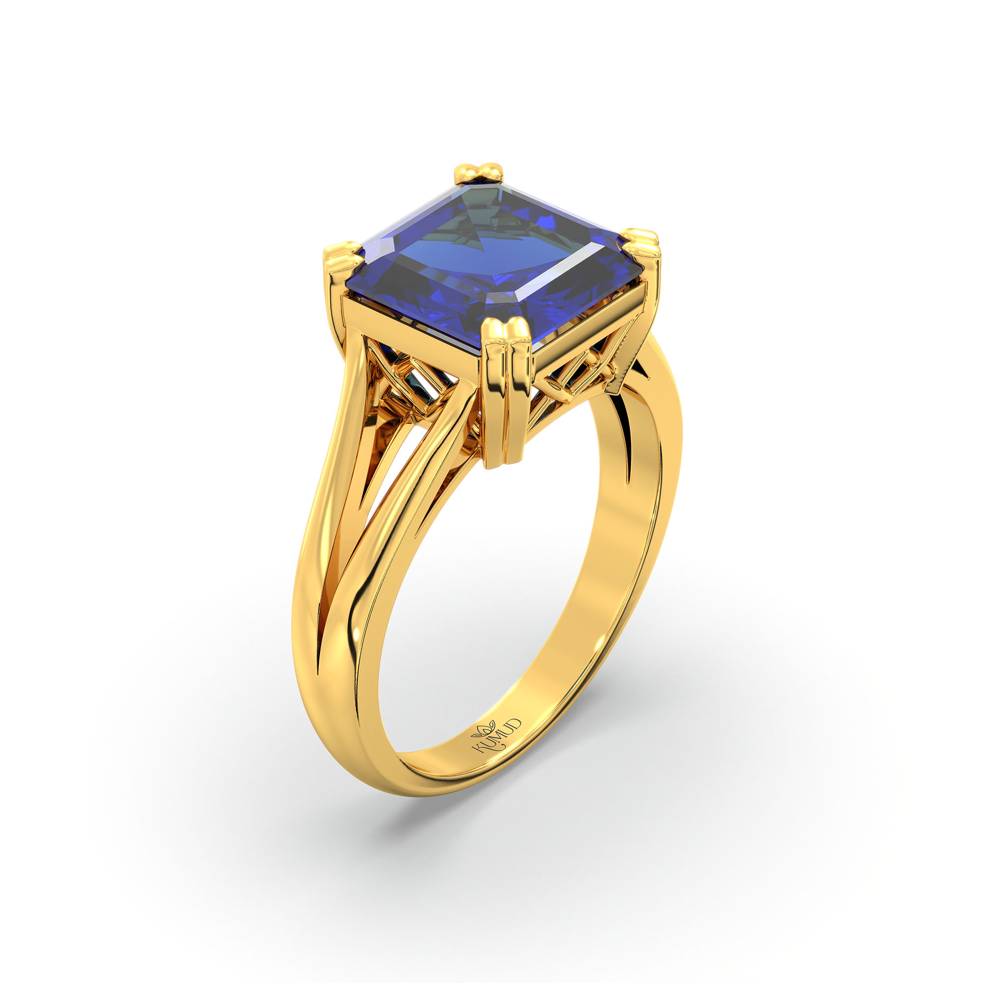 Blue Sapphire (Neelam) Ring in 22K Yellow Gold – Cushion 8 mm, Prong Setting, 5 g (Design K15-18) thumbnail
