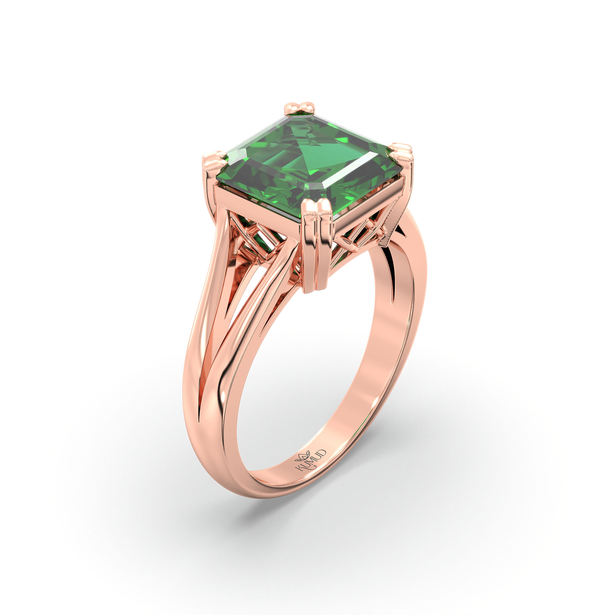 Emerald (Panna) Ring in 18K Rose Gold – Cushion 8 mm, Prong Setting, 5 g (Design K15-18) thumbnail