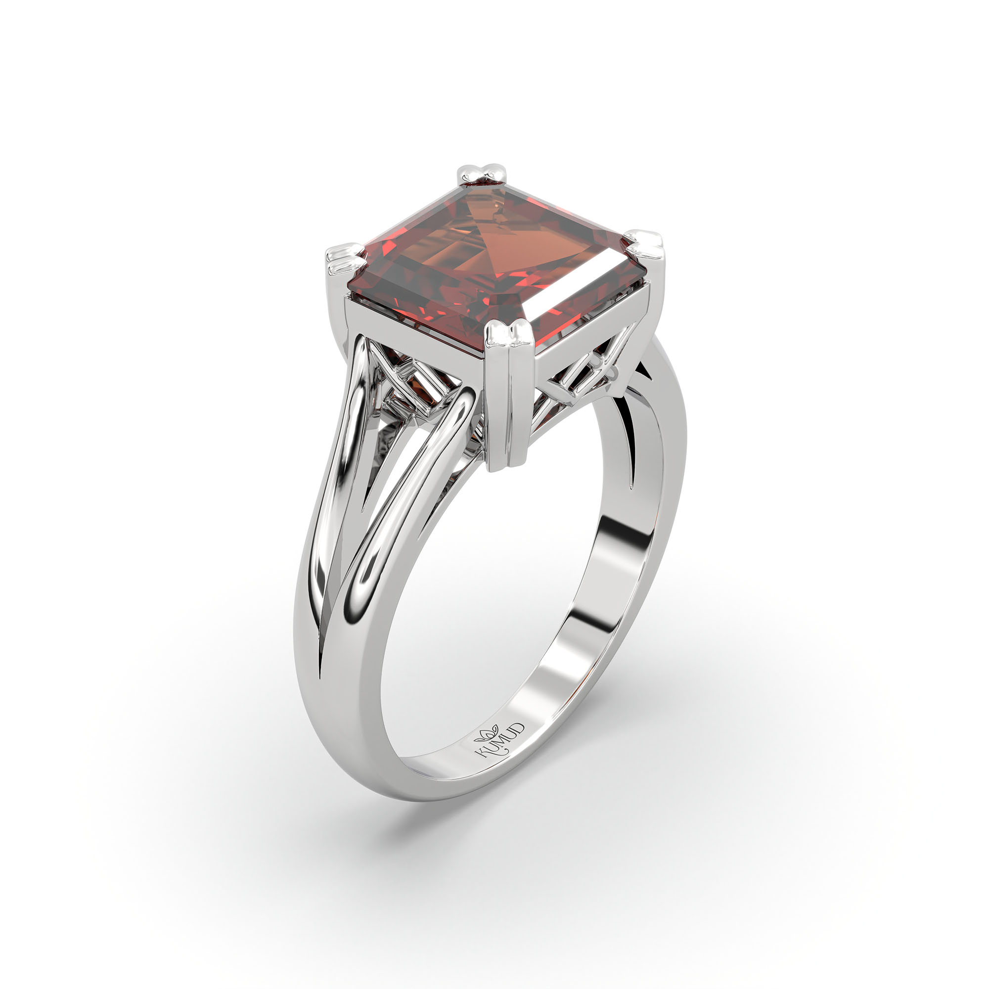 Hessonite (Gomed) Ring in 18K White Gold – Cushion 8 mm, Prong Setting, 5 g (Design K15-18) thumbnail