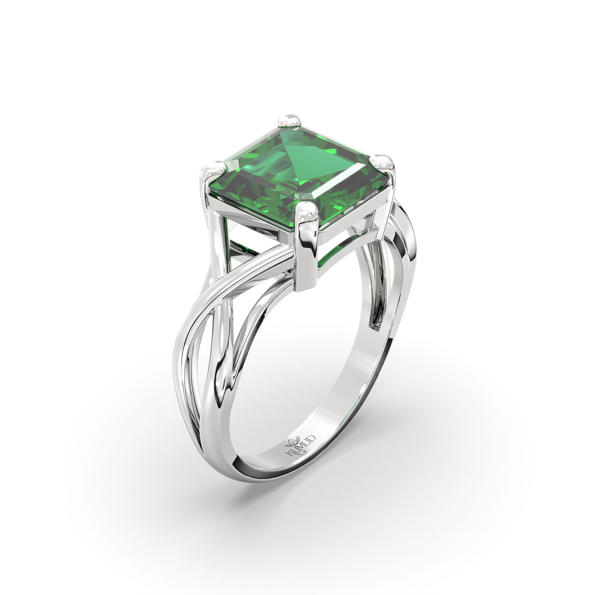 Emerald (Panna) Ring in 18K White Gold – Cushion 8 mm, Prong Setting, 4 g (Design K15-19) thumbnail