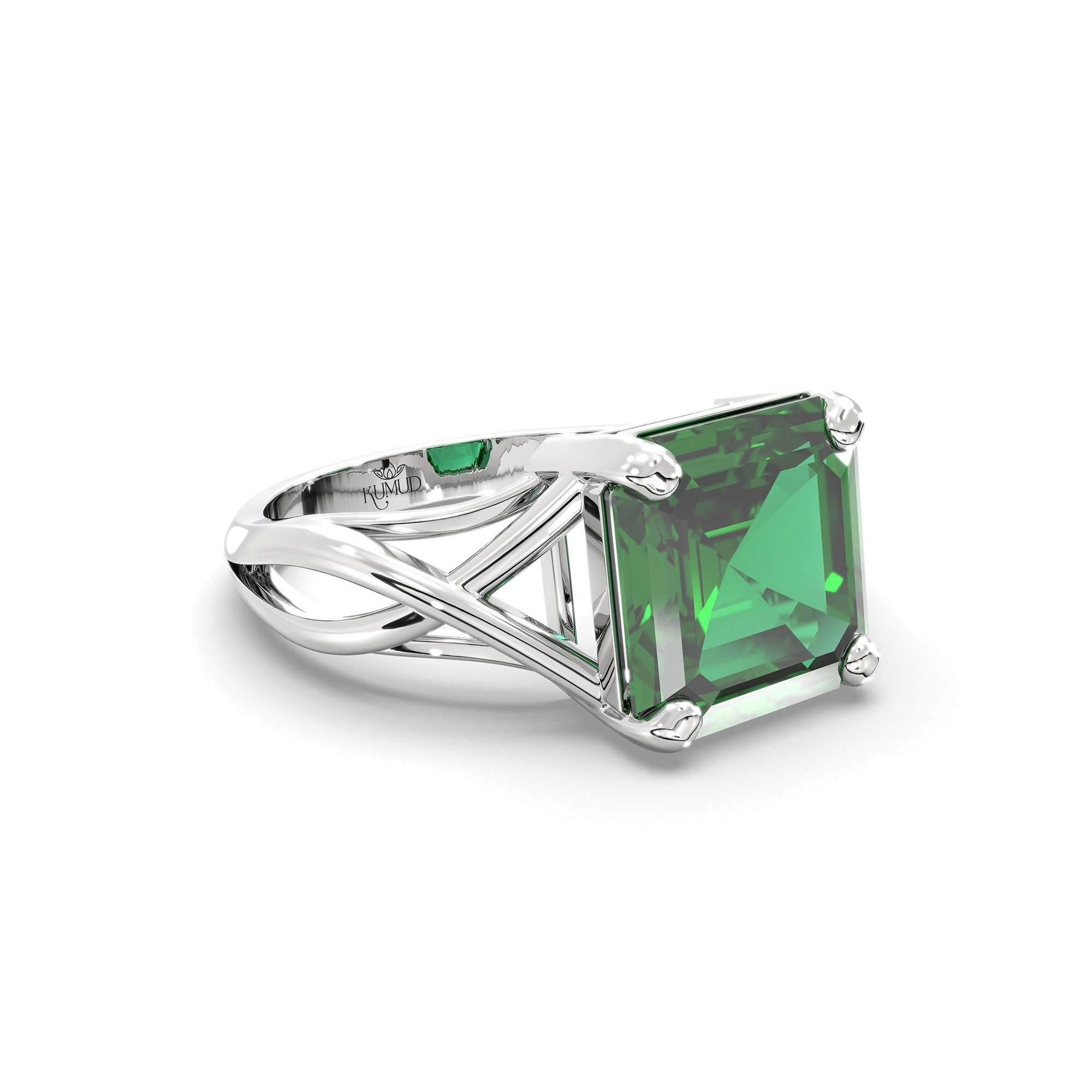 Emerald (Panna) Ring in 18K White Gold – Cushion 8 mm, Prong Setting, 4 g (Design K15-19) thumbnail