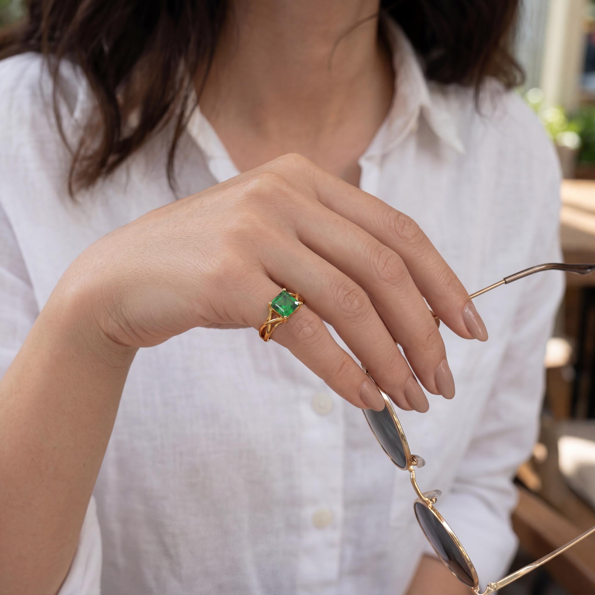 Emerald (Panna) Ring in 22K Yellow Gold – Cushion 8 mm, Prong Setting, 4 g (Design K15-19) thumbnail
