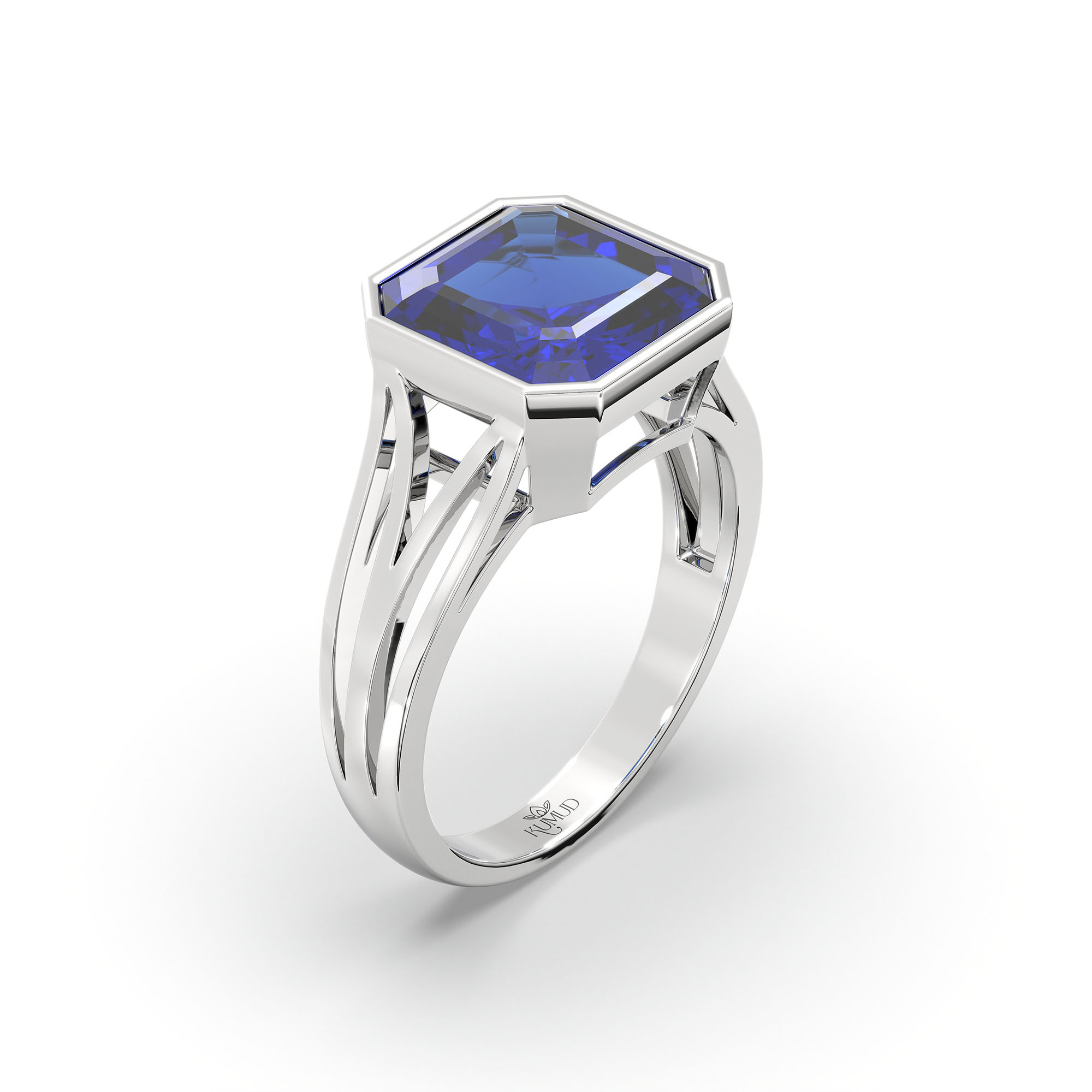 Blue Sapphire (Neelam) Ring in 18K White Gold – Cushion 8 mm, Bezel Setting, 5 g (Design K15-20) thumbnail