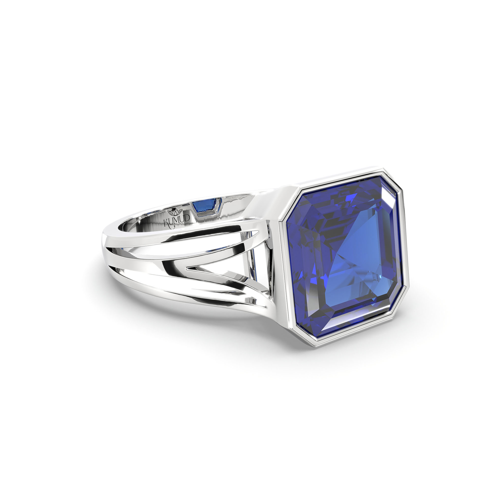 Blue Sapphire (Neelam) Ring in 18K White Gold – Cushion 8 mm, Bezel Setting, 5 g (Design K15-20) thumbnail