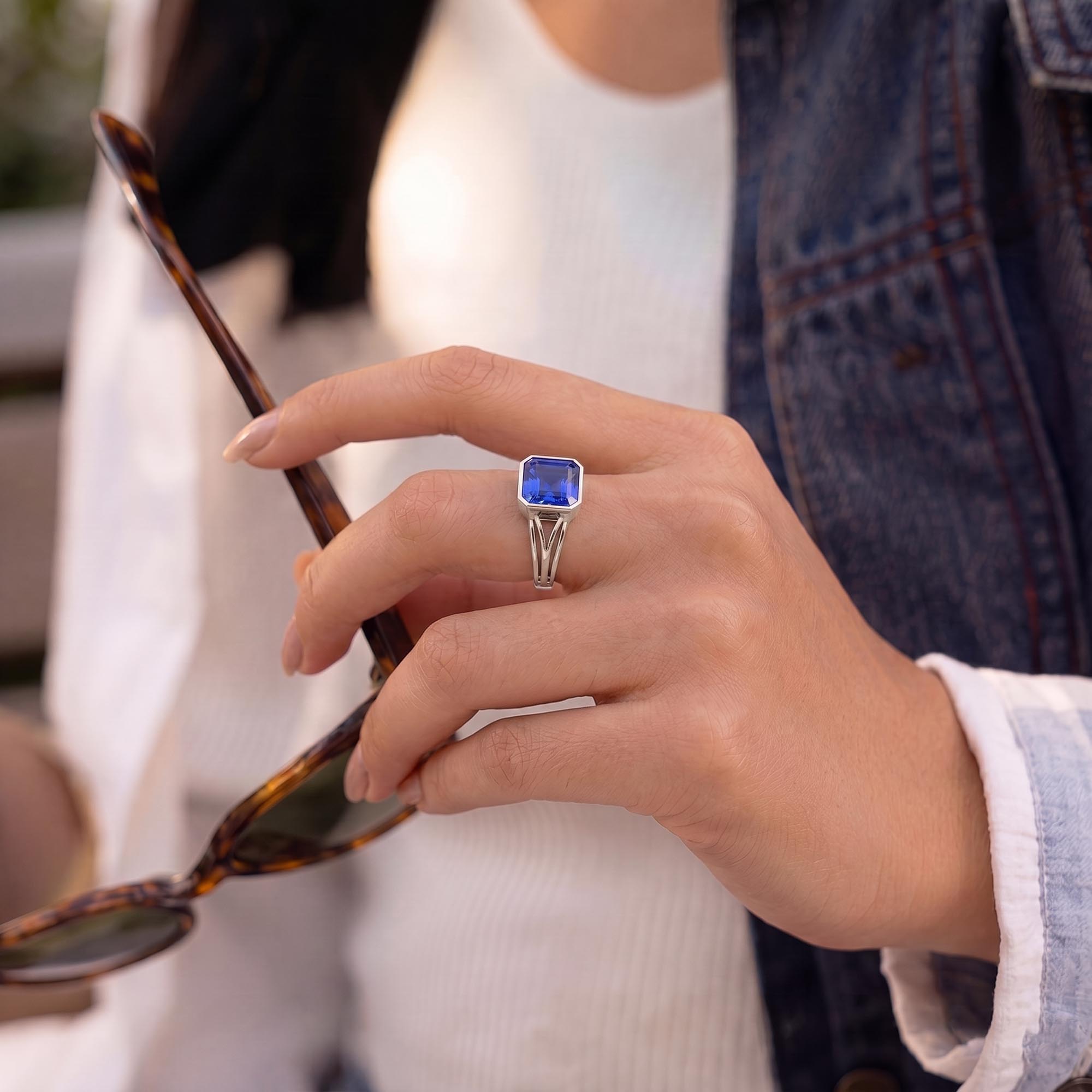 Blue Sapphire (Neelam) Ring in 18K White Gold – Cushion 8 mm, Bezel Setting, 5 g (Design K15-20) thumbnail