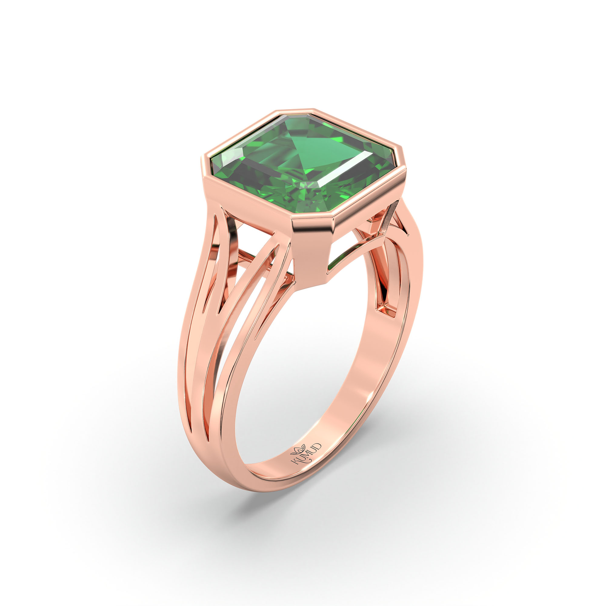 Emerald (Panna) Ring in 18K Rose Gold – Cushion 8 mm, Bezel Setting, 5 g (Design K15-20) thumbnail