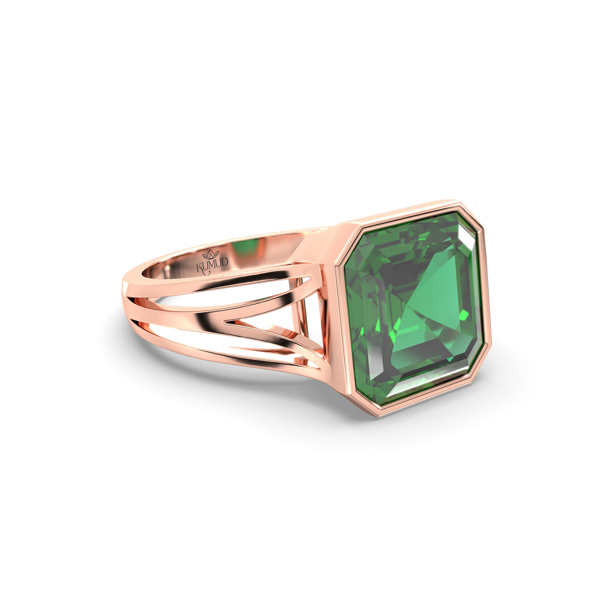 Emerald (Panna) Ring in 18K Rose Gold – Cushion 8 mm, Bezel Setting, 5 g (Design K15-20) thumbnail