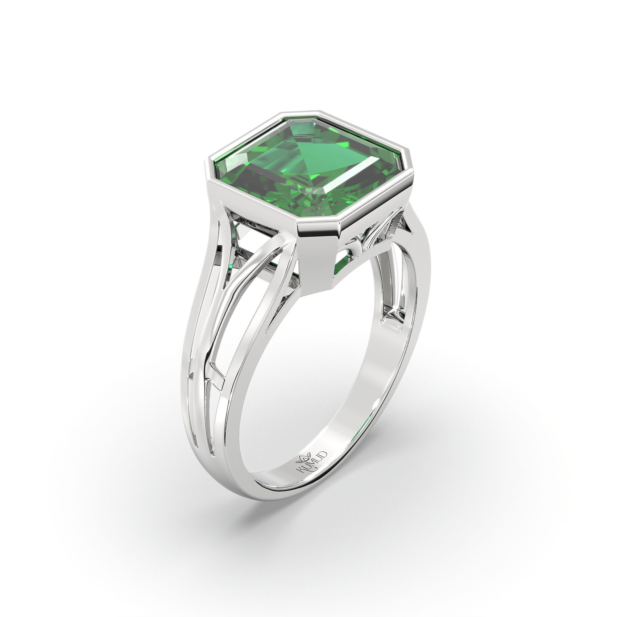 Emerald (Panna) Ring in 18K White Gold – Cushion 8 mm, Bezel Setting, 5 g (Design K15-21) thumbnail