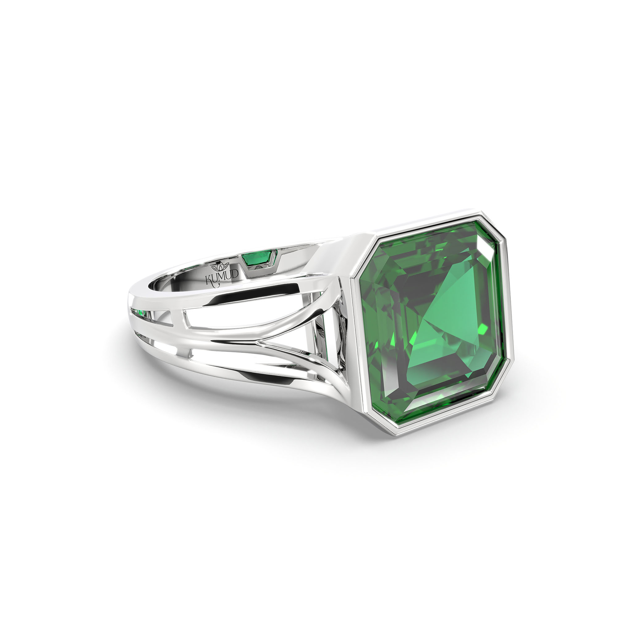 Emerald (Panna) Ring in 18K White Gold – Cushion 8 mm, Bezel Setting, 5 g (Design K15-21) thumbnail
