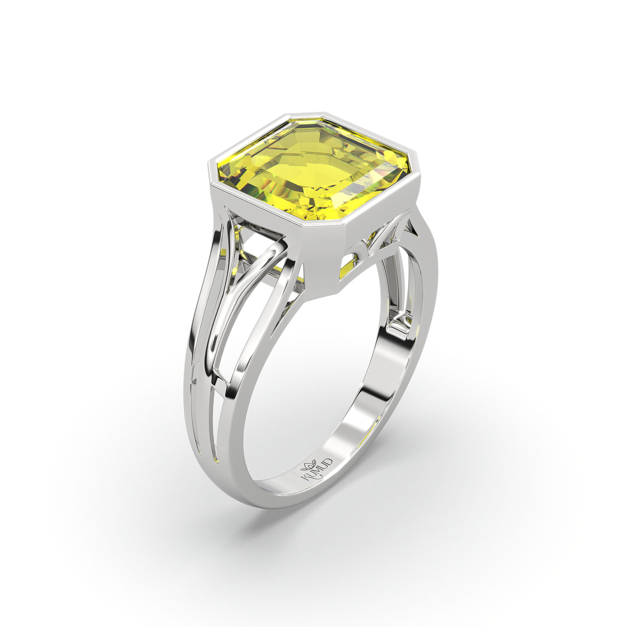 Yellow Sapphire (Pukhraj) Ring in 18K White Gold – Cushion 8 mm, Bezel Setting, 5 g (Design K15-21) thumbnail