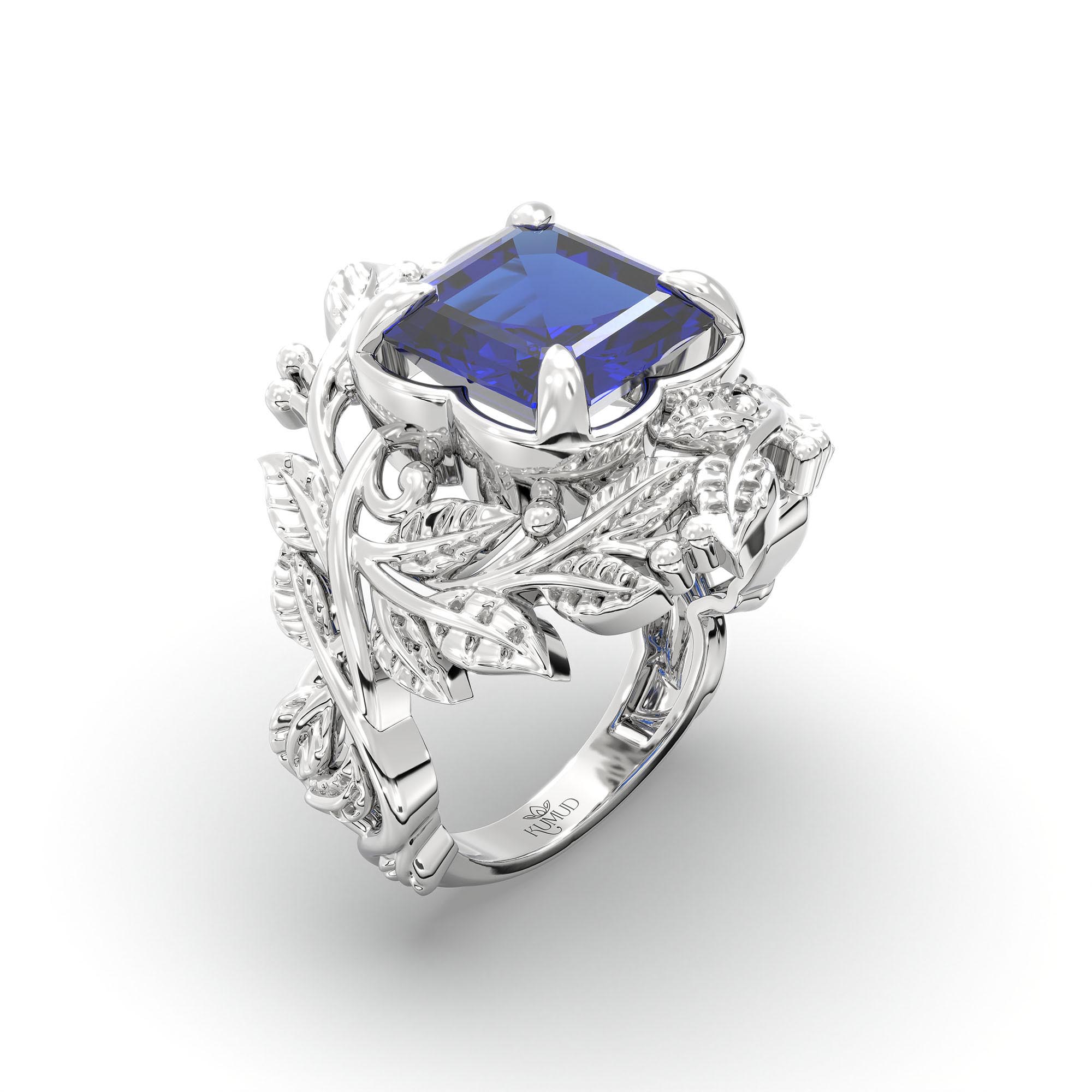 Blue Sapphire (Neelam) Ring for Women in 18K White Gold – Cushion 8 mm, Prong Setting, 7 g thumbnail