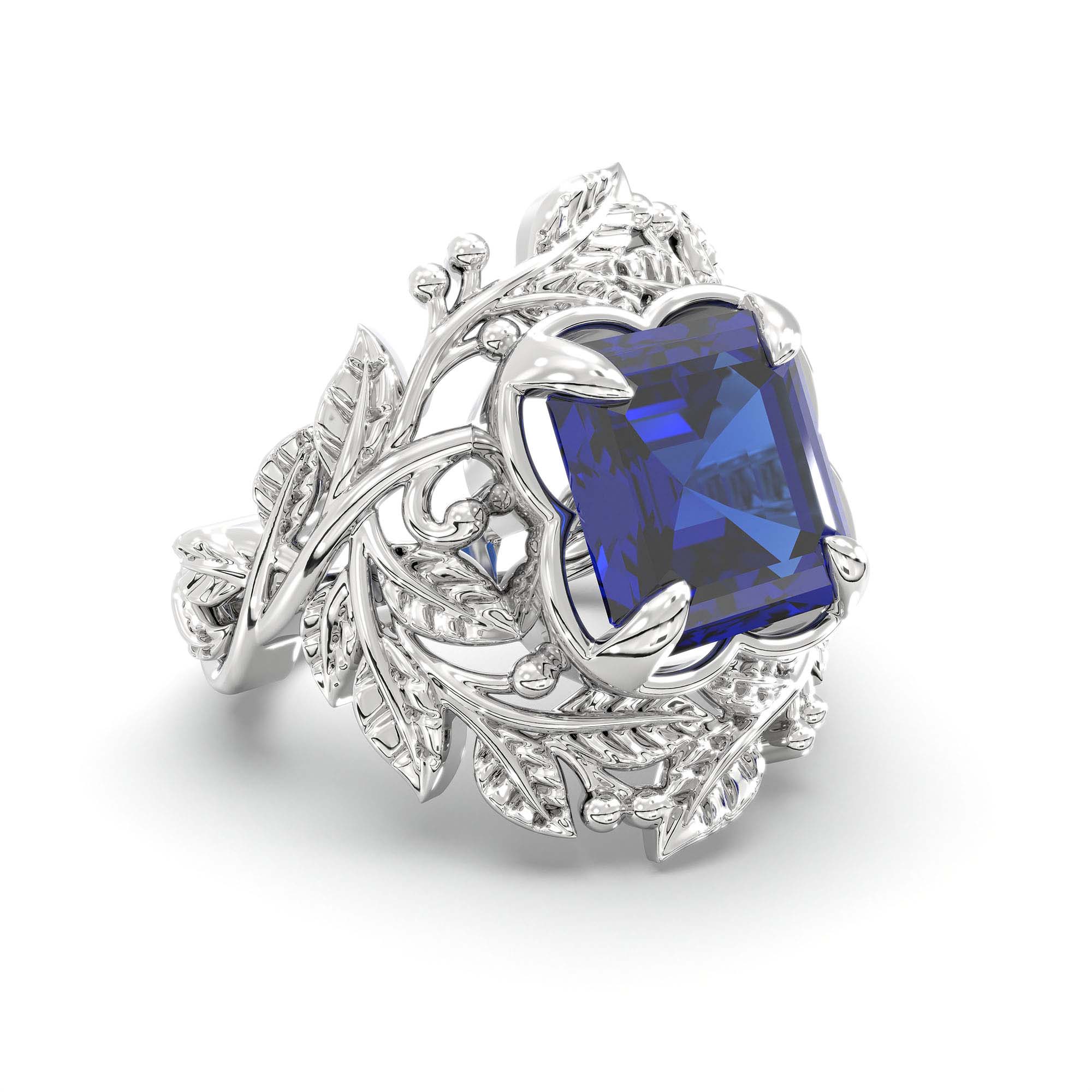 Blue Sapphire (Neelam) Ring for Women in 18K White Gold – Cushion 8 mm, Prong Setting, 7 g thumbnail