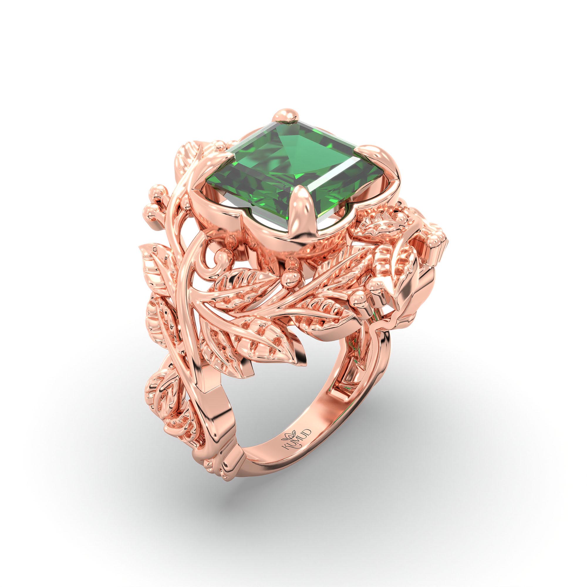 Emerald (Panna) Ring for Women in 18K Rose Gold – Cushion 8 mm, Prong Setting, 7 g thumbnail
