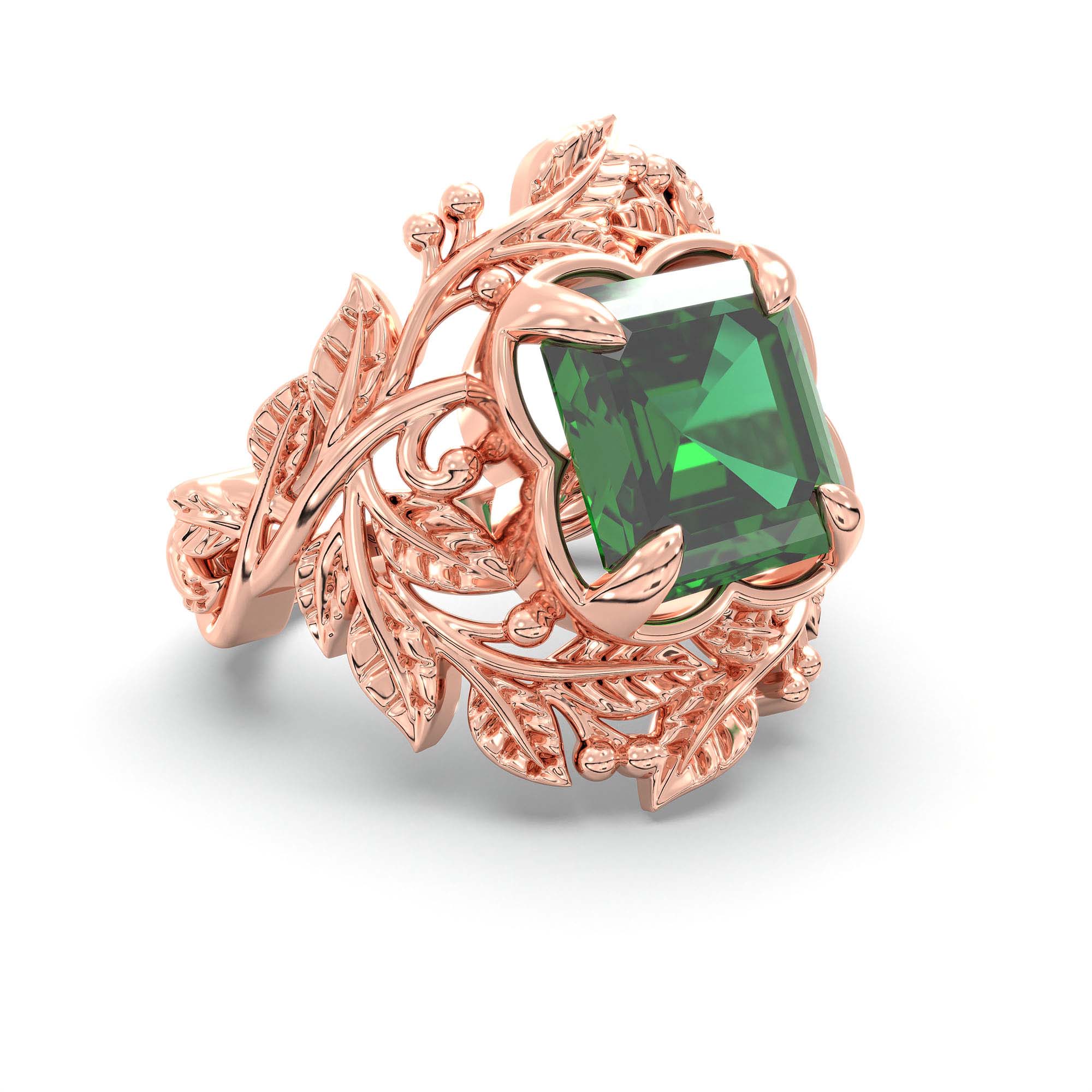 Emerald (Panna) Ring for Women in 18K Rose Gold – Cushion 8 mm, Prong Setting, 7 g thumbnail