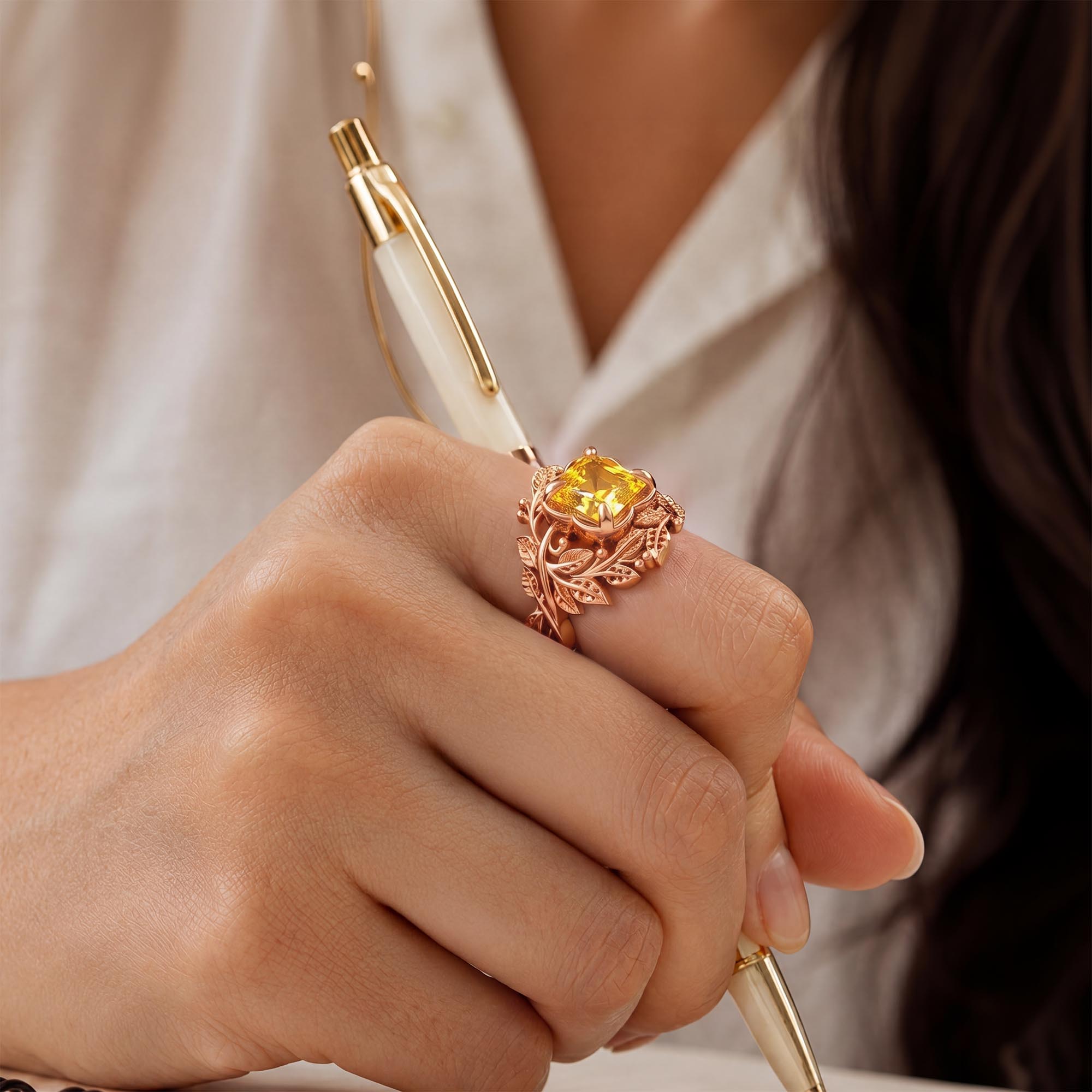 Yellow Sapphire (Pukhraj) Ring for Women in 18K Rose Gold – Cushion 8 mm, Prong Setting, 7 g thumbnail