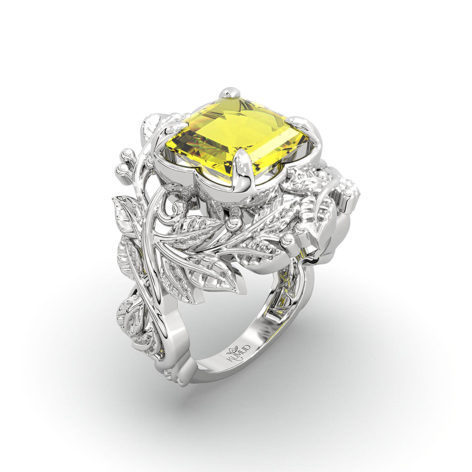 Yellow Sapphire (Pukhraj) Ring for Women in 18K White Gold – Cushion 8 mm, Prong Setting, 7 g thumbnail