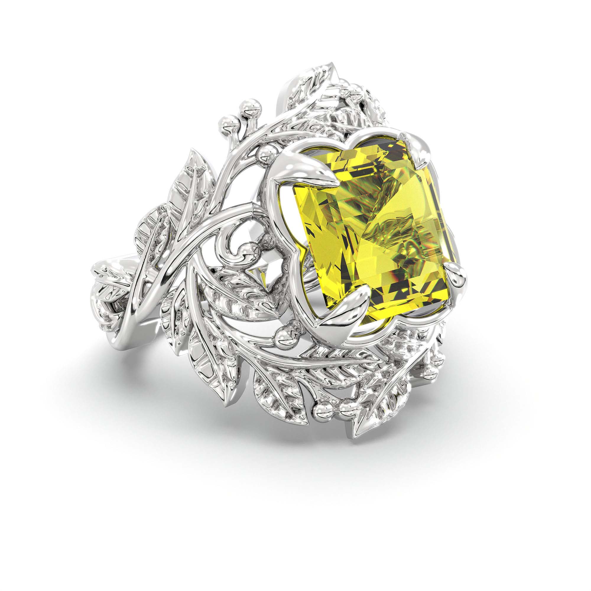 Yellow Sapphire (Pukhraj) Ring for Women in 18K White Gold – Cushion 8 mm, Prong Setting, 7 g thumbnail