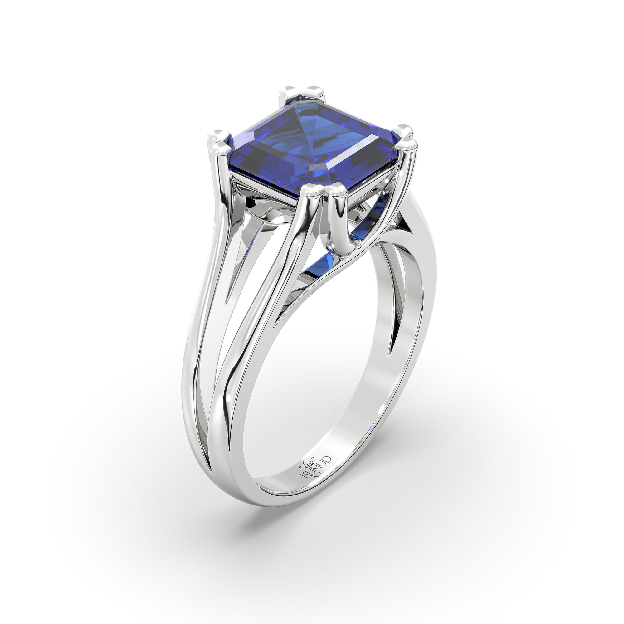 Blue Sapphire (Neelam) Ring in 18K White Gold – Cushion 8 mm, Prong Setting, 7 g (Design K15-23) thumbnail