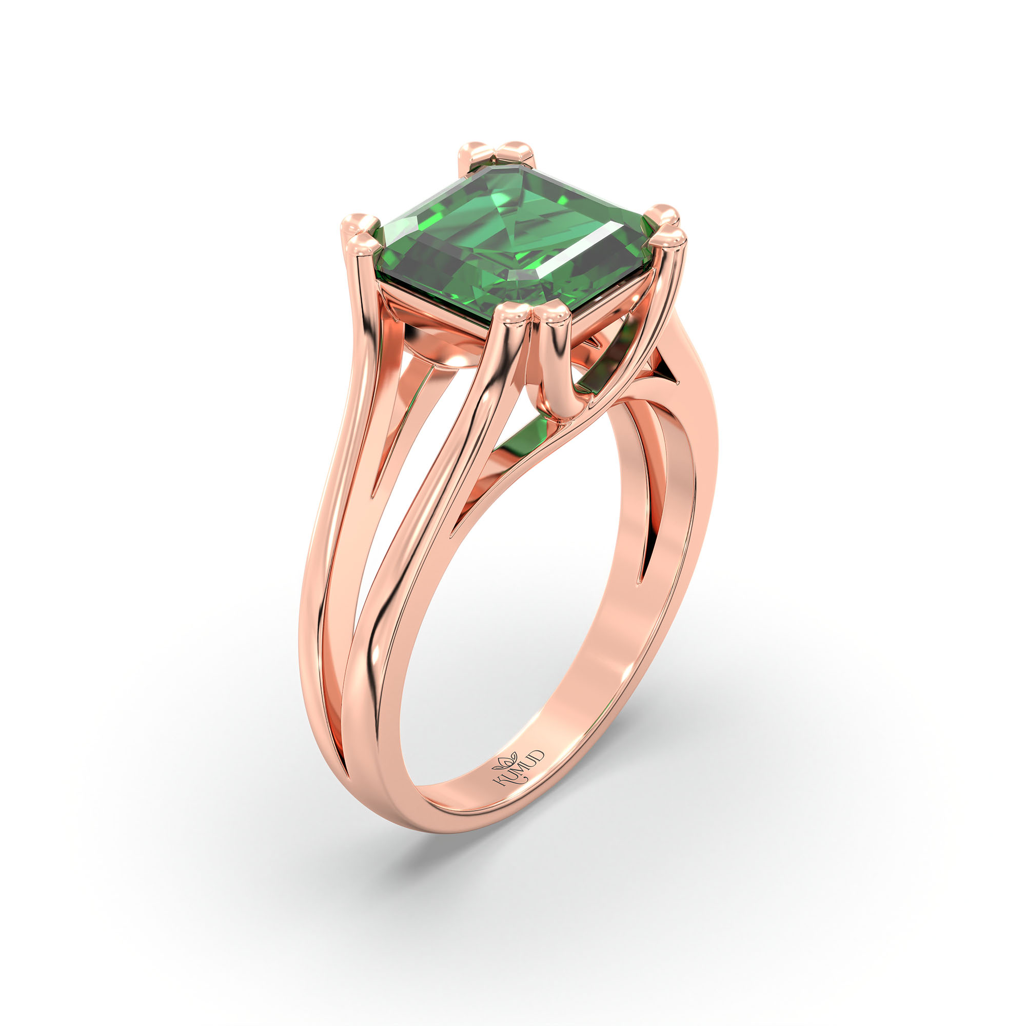 Emerald (Panna) Ring in 18K Rose Gold – Cushion 8 mm, Prong Setting, 7 g (Design K15-23) thumbnail