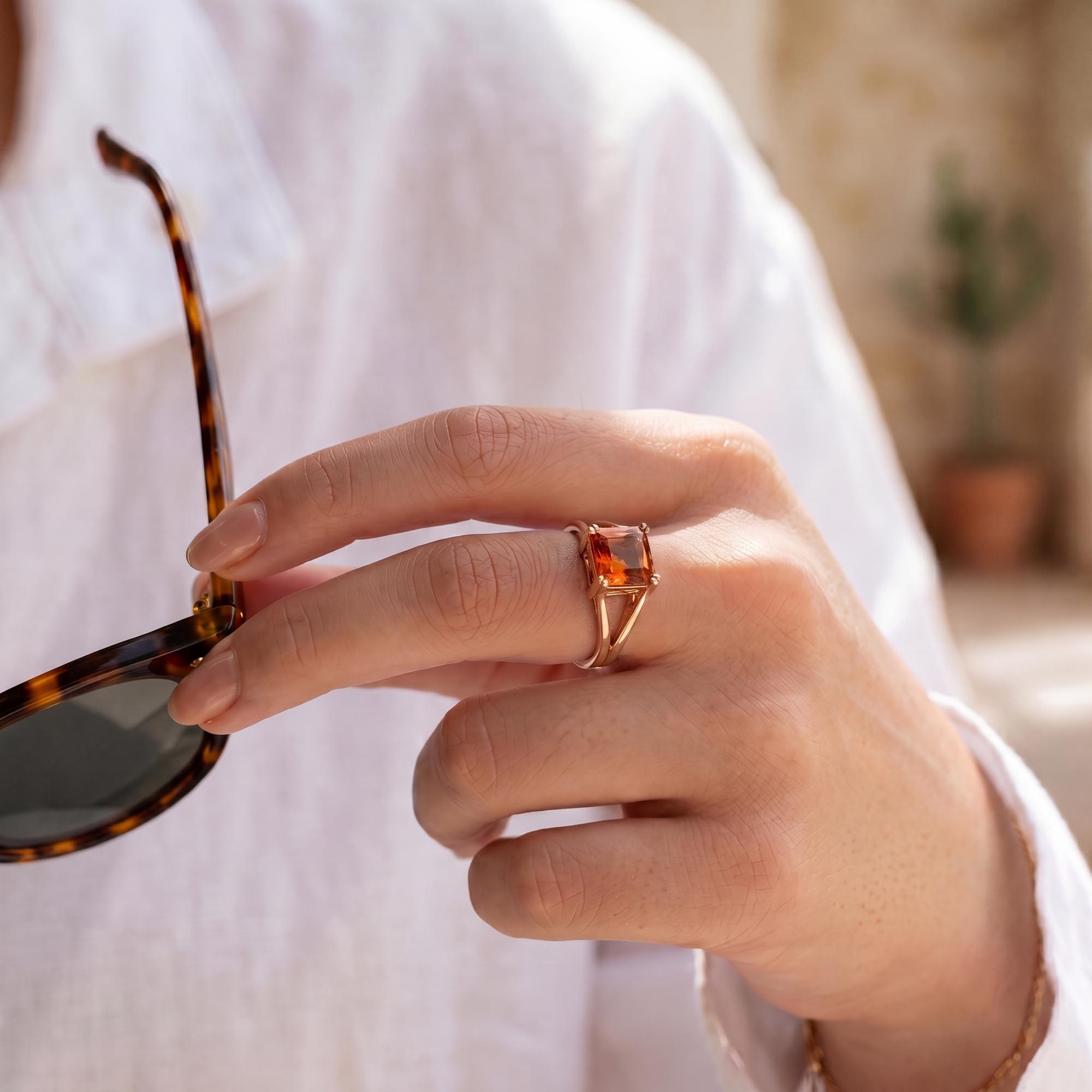Hessonite (Gomed) Ring in 18K Rose Gold – Cushion 8 mm, Prong Setting, 7 g (Design K15-23) thumbnail