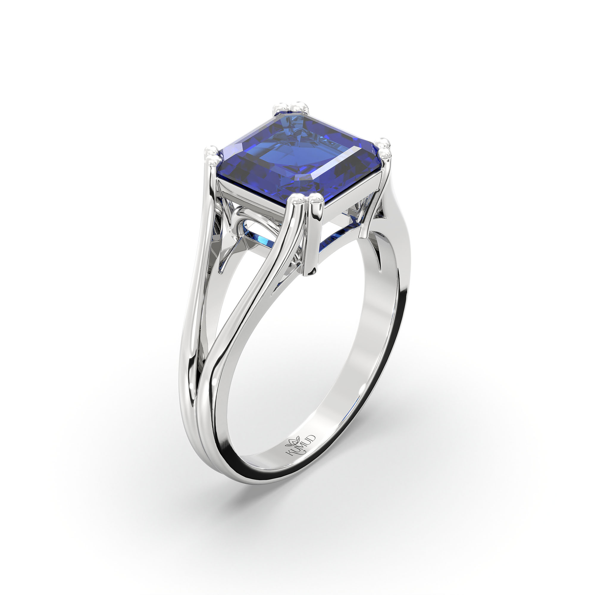 Blue Sapphire (Neelam) Ring in 18K White Gold – Cushion 8 mm, Prong Setting, 5 g (Design K15-24) thumbnail