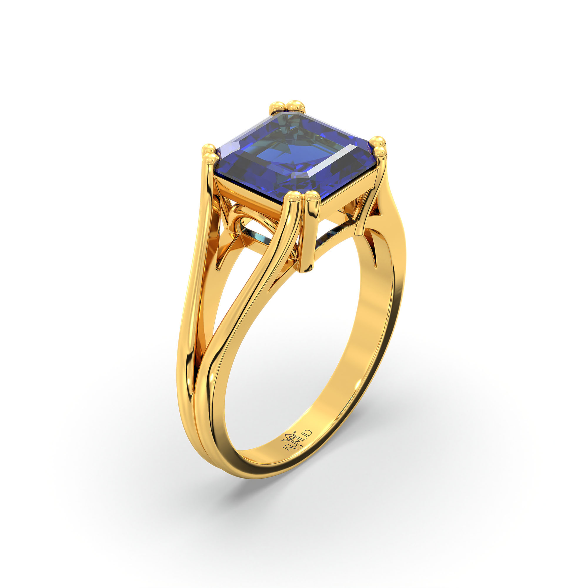 Blue Sapphire (Neelam) Ring in 22K Yellow Gold – Cushion 8 mm, Prong Setting, 5 g (Design K15-24) thumbnail