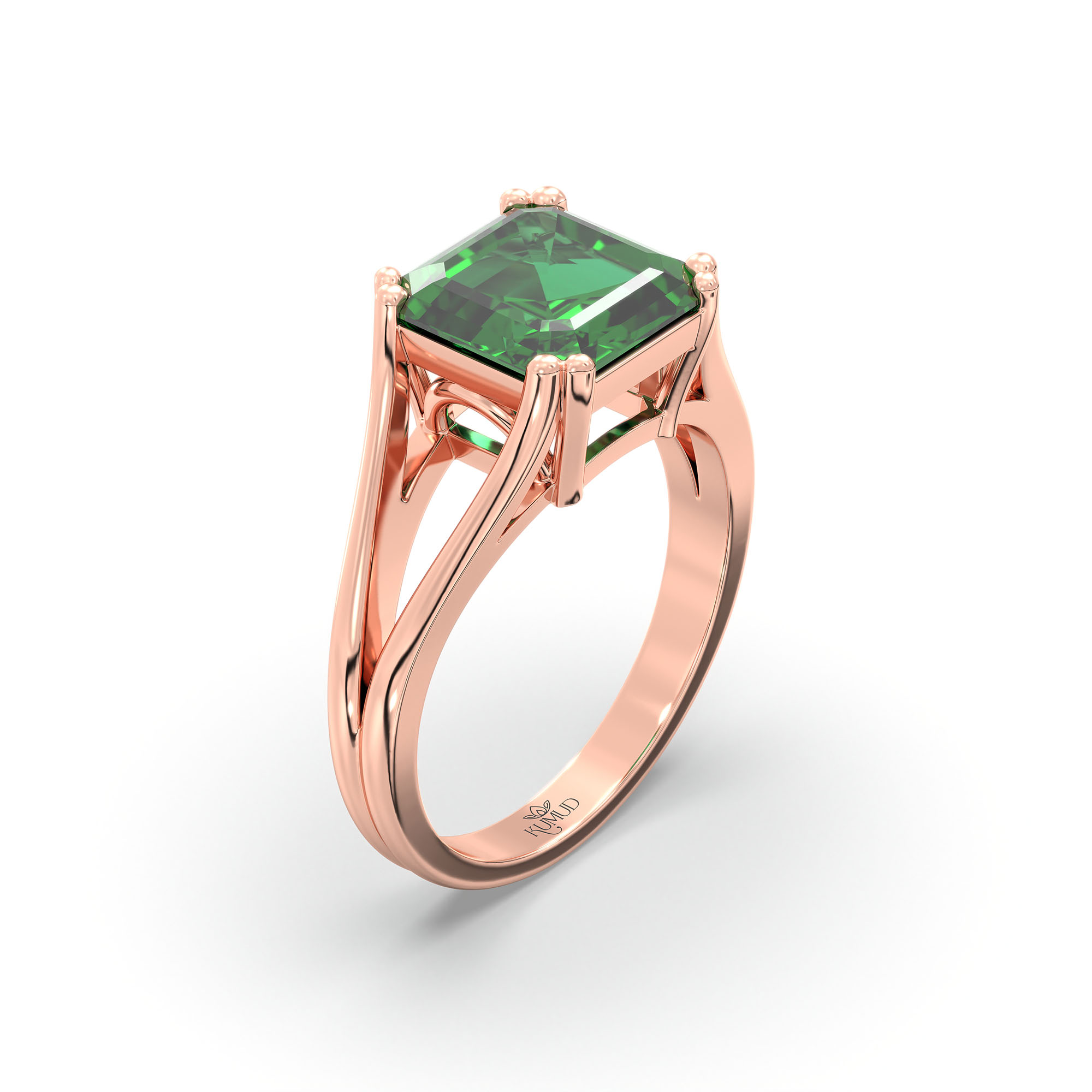 Emerald (Panna) Ring in 18K Rose Gold – Cushion 8 mm, Prong Setting, 5 g (Design K15-24) thumbnail