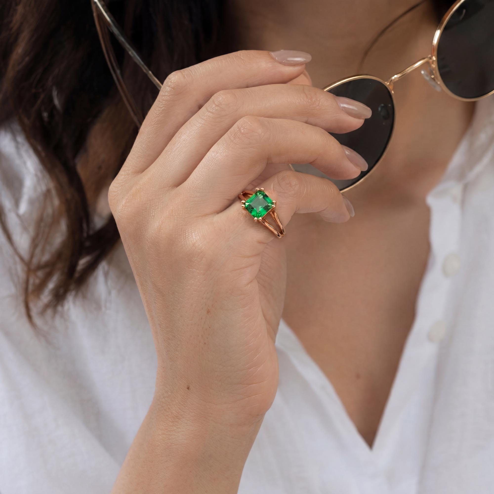 Emerald (Panna) Ring in 18K Rose Gold – Cushion 8 mm, Prong Setting, 5 g (Design K15-24) thumbnail