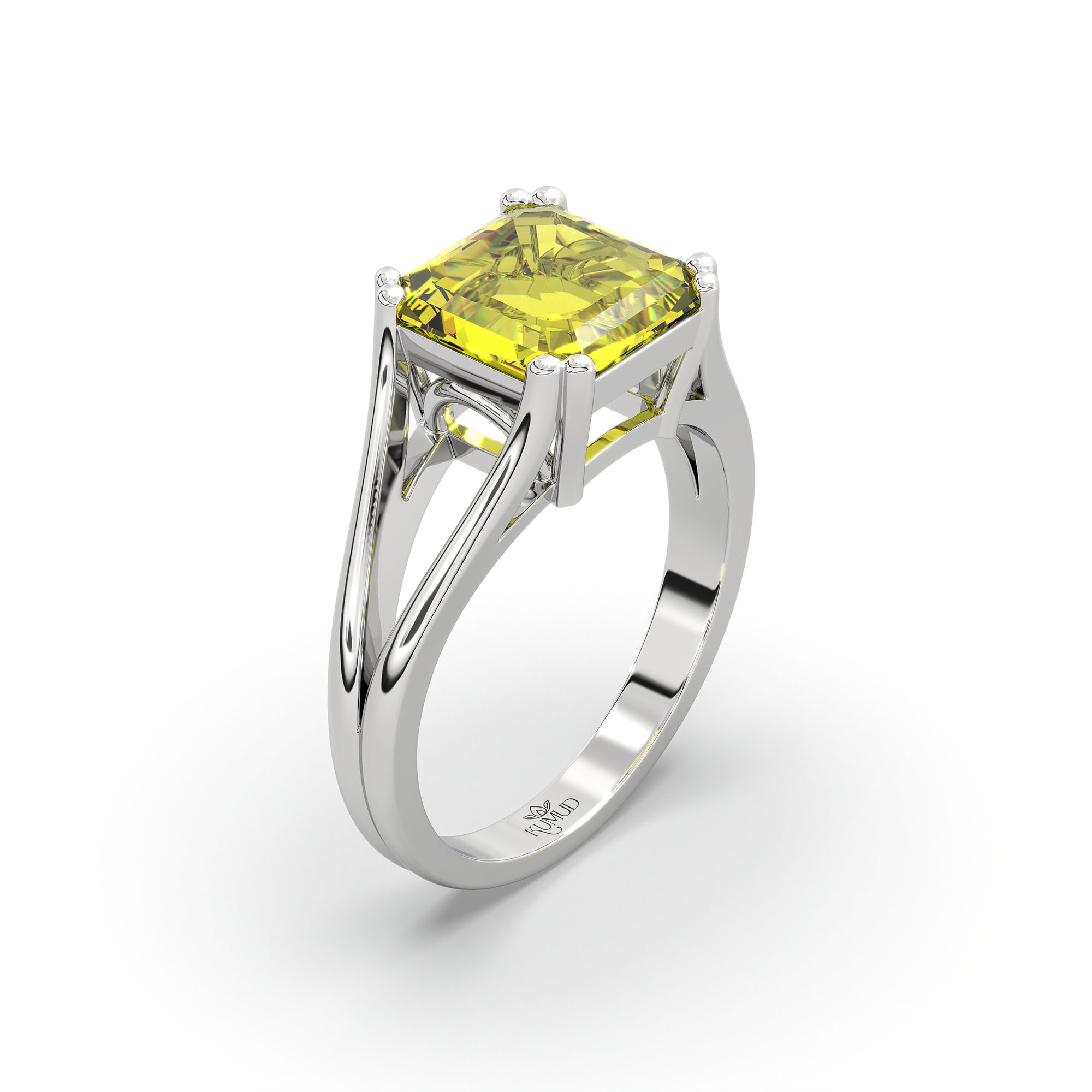 Yellow Sapphire (Pukhraj) Ring in 18K White Gold – Cushion 8 mm, Prong Setting, 5 g (Design K15-24) thumbnail