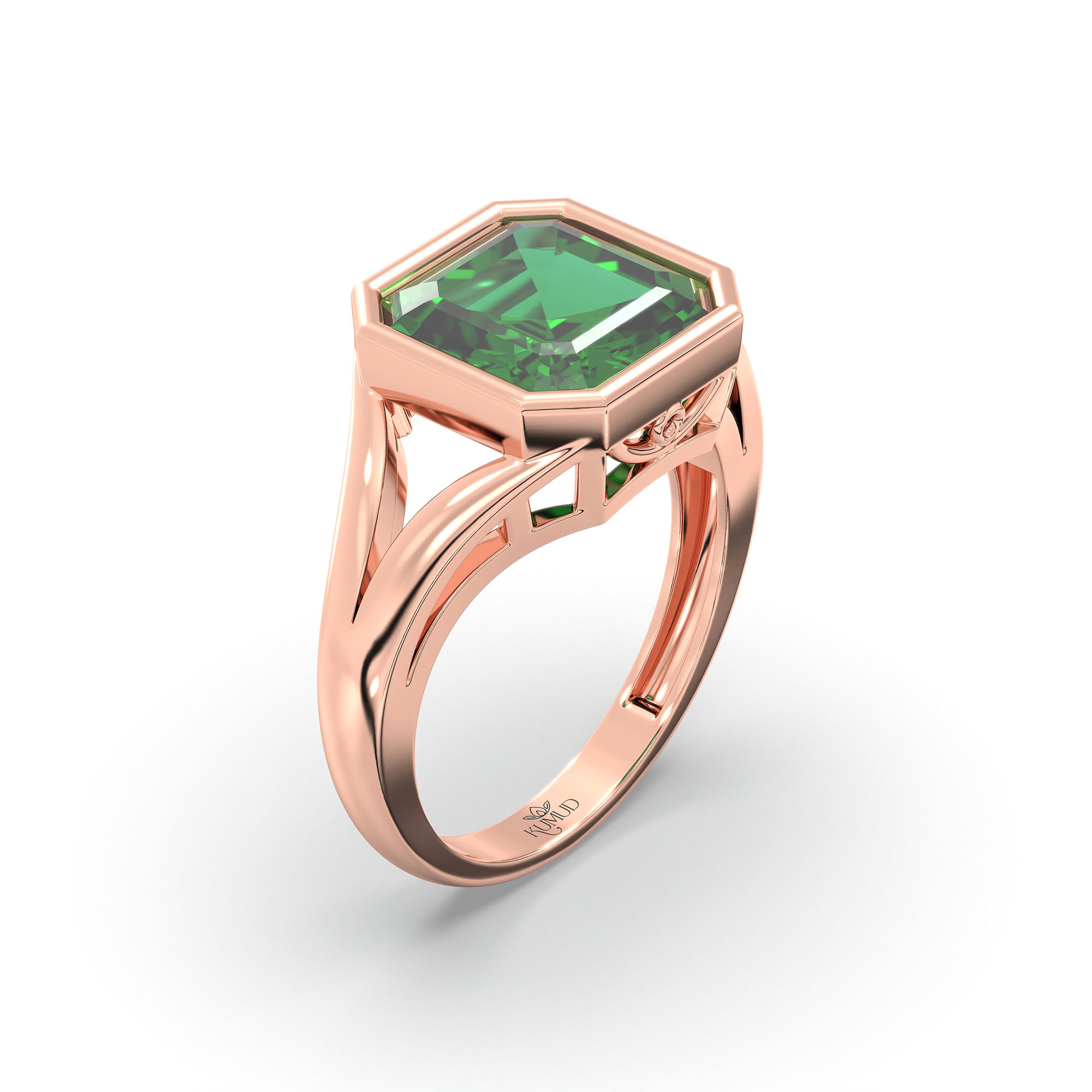 Emerald (Panna) Ring in 18K Rose Gold – Cushion 8 mm, Bezel Setting, 6 g (Design K15-25) thumbnail
