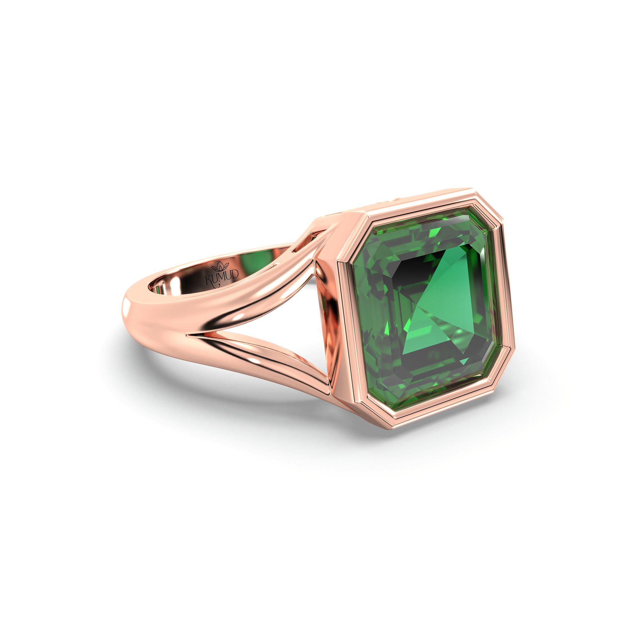 Emerald (Panna) Ring in 18K Rose Gold – Cushion 8 mm, Bezel Setting, 6 g (Design K15-25) thumbnail