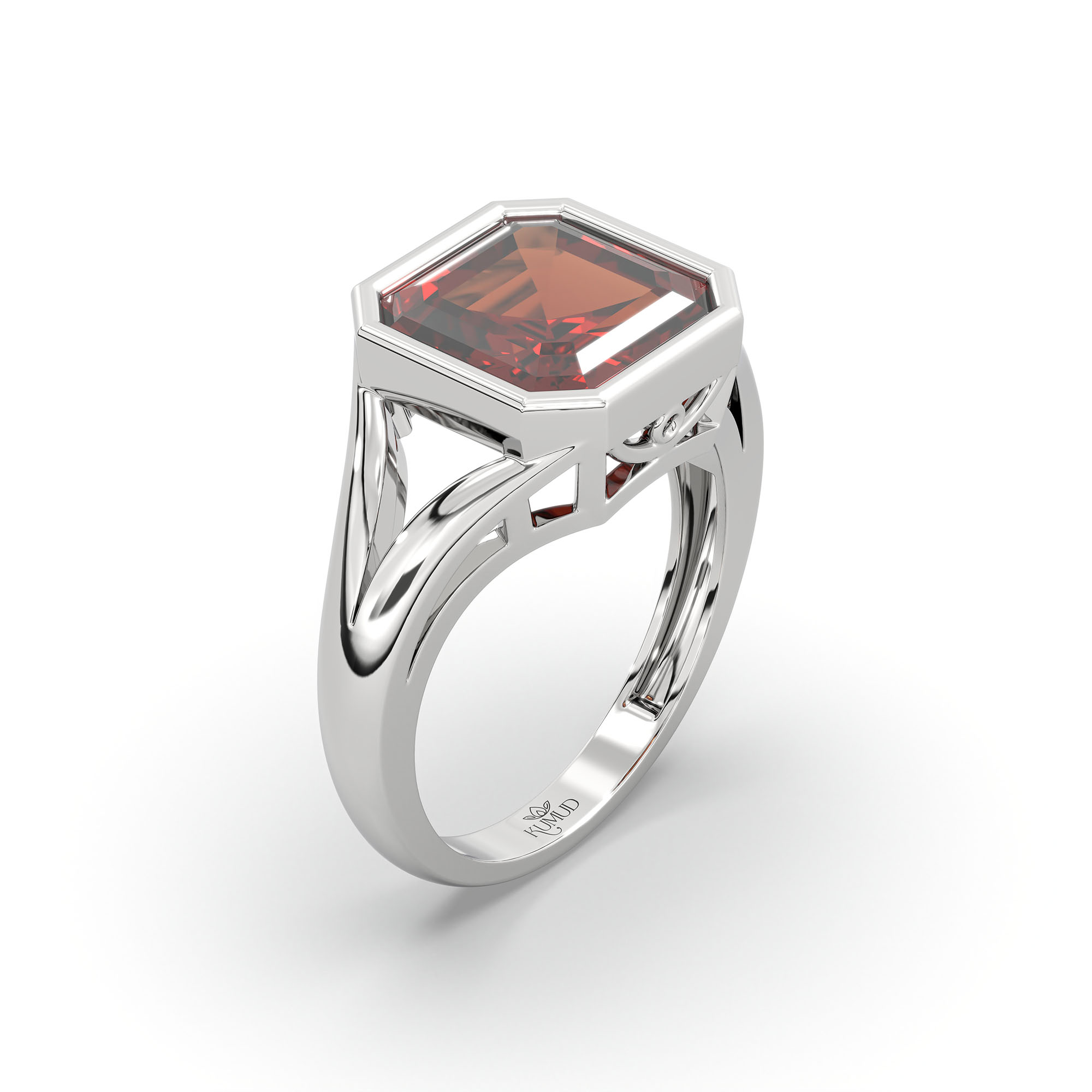 Hessonite (Gomed) Ring in 18K White Gold – Cushion 8 mm, Bezel Setting, 6 g (Design K15-25) thumbnail